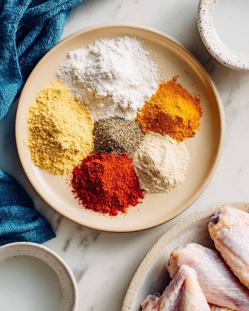 A beige plate holds seven different piles of dry spices and powders in separate sections: white flour, fine yellow powder, white salt, bright orange powder, red paprika, black pepper, and light beige powder, all arranged in a circular pattern. To the right, a white plate is partially visible with several raw chicken wings showing pale pink skin and light yellow fat. In the bottom right corner, there is a white speckled bowl filled with white liquid, and on the left side, a blue cloth rests on a white marbled surface. photo taken with an iphone --ar 4:5 --v 7