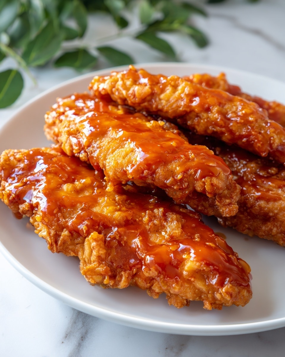 The image shows three long, crispy chicken tenders covered in a thick, bright orange sauce. The chicken pieces have a crunchy texture with small bumps and ridges from the breading, and the sauce is shiny and smooth, coating each piece evenly. The tenders are placed close together on a white plate, set on a white marbled surface. Green leaves are visible in the background, adding a touch of fresh color. The photo is taken with an iphone --ar 4:5 --v 7