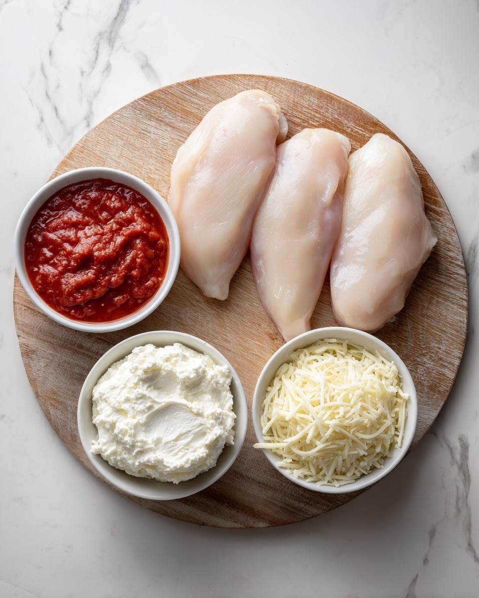 square image The image shows four raw chicken breasts placed on a round wooden board at the top right of the frame. Below, three small white bowls are arranged; the left bowl contains a thick white ricotta cheese, the middle bowl holds a vibrant red tomato sauce, and the right bowl is filled with shredded mozzarella cheese. The background surface has a white marbled texture, creating a clean and bright setting. Photo taken with an iphone --ar 4:5 --v 7