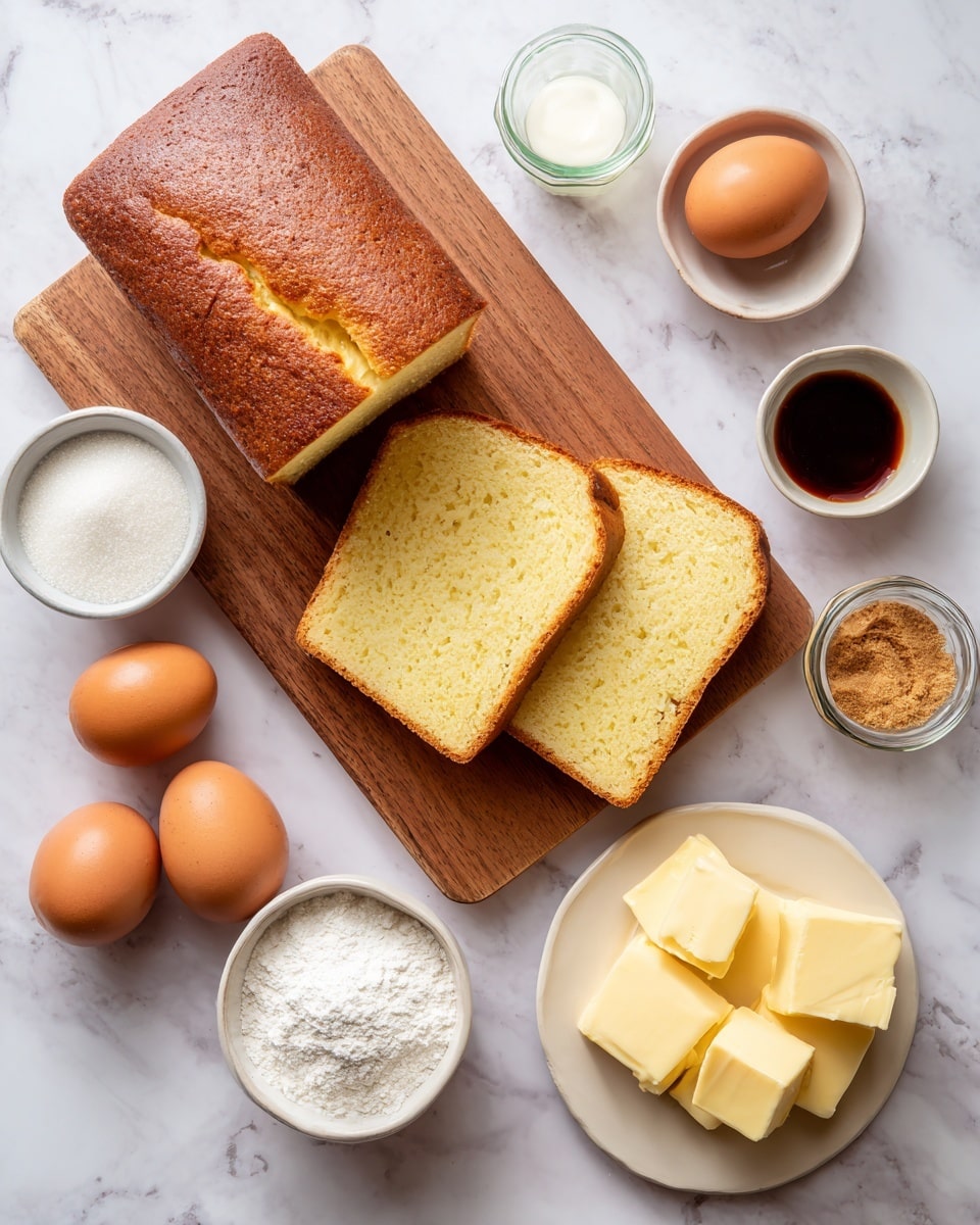 square image The image shows a wooden cutting board on a white marbled surface. On the board, there is a loaf of bread with two pieces sliced off, revealing a soft, light yellow inside. Next to the bread, there are three slices laid flat, showing their rough texture. Around the board, there are small white bowls and jars: one with three brown eggs, one with a light brown powder, one with a dark liquid, one with white sugar, and one with white flour. There is also a small plate holding four square pieces of pale yellow butter. The overall setup looks neat and calm, perfect for baking. photo taken with an iphone --ar 4:5 --v 7