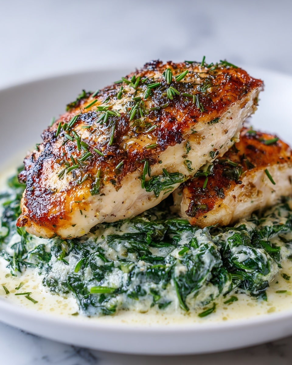 square image The image shows two pieces of cooked chicken placed on a white plate on a white marbled surface. The larger piece of chicken is on top with a golden-brown roasted color and sprinkled with green herbs, giving it a fresh look. Underneath the chicken, there is a creamy spinach mixture with green and white colors that add texture. The smaller piece of chicken is positioned next to the larger one, also browned with light charring. The lighting makes the food look warm and appetizing. photo taken with an iphone --ar 4:5 --v 7