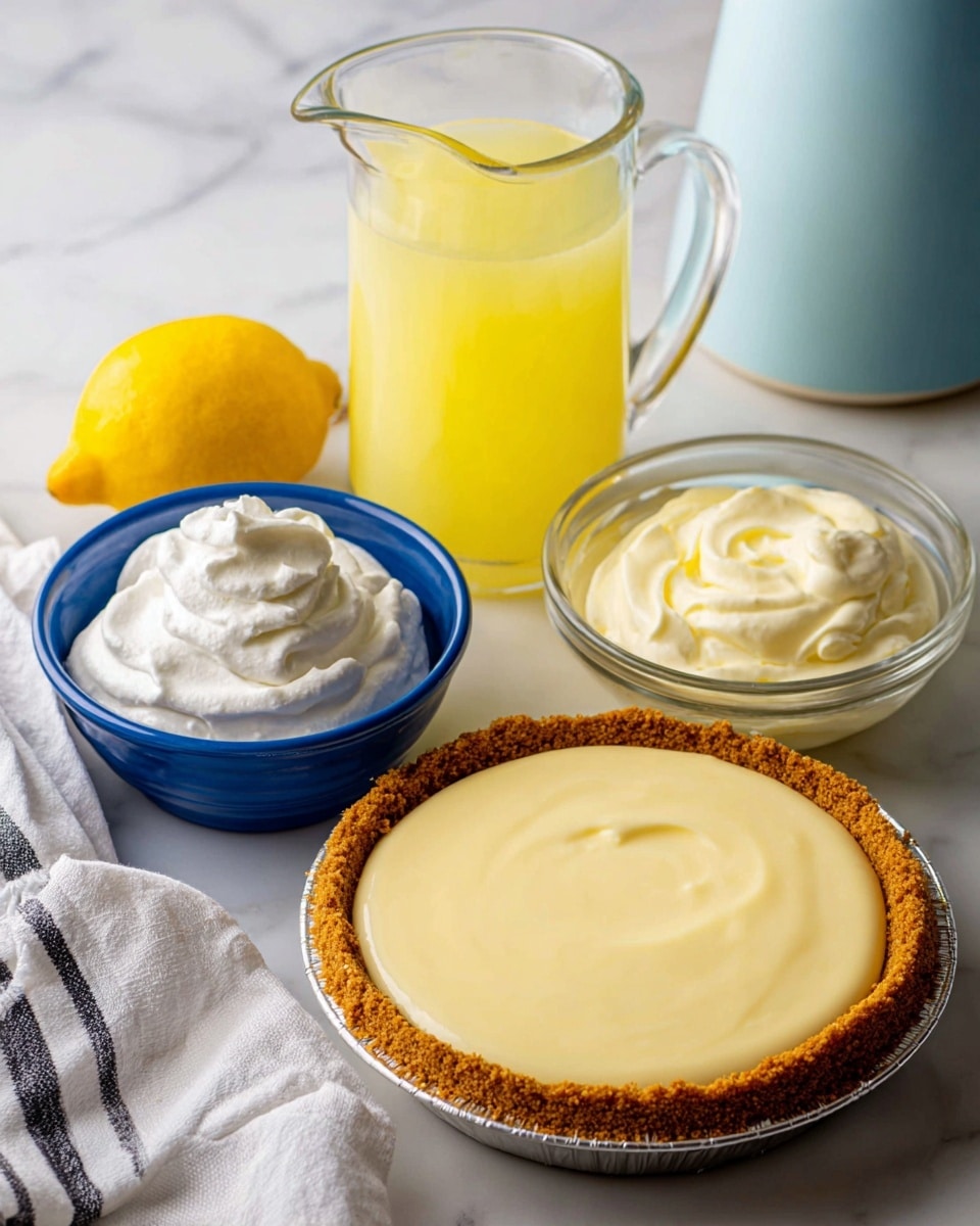 square image The image shows a round graham cracker crust placed on a white marbled surface. Nearby, there is a clear glass pitcher filled with light yellow lemon juice, a small blue bowl full of white whipped cream, and a clear glass bowl with a smooth, pale yellow creamy mixture. To the left side of the crust, there is a whole bright yellow lemon. A white cloth with black stripes is partly visible in the bottom left corner, and a light blue ceramic container is in the top right background. photo taken with an iphone --ar 4:5 --v 7