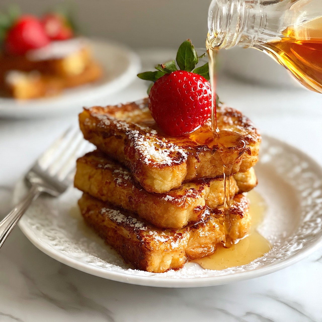 square image A stack of three golden-brown French toast slices with crispy edges is on a white plate with a lace design. A bright red strawberry with green leaves sits on top of the stack. A clear glass bottle is pouring amber syrup in a thin stream over the strawberry and toast. The toast has a light dusting of powdered sugar. A silver fork rests near the toast’s side. In the blurred background, another white plate holds more French toast and strawberries. The scene is set on a white marbled surface. Photo taken with an iphone --ar 4:5 --v 7