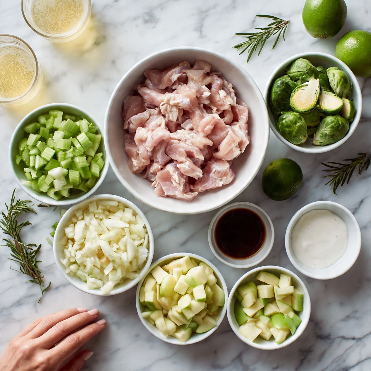 square image The image shows an overhead view of a white marbled surface with several white bowls filled with ingredients arranged neatly. One large white bowl holds raw pink chicken strips in the center top. Surrounding it are smaller white bowls containing chopped celery (green), chopped onions (white), chopped apples (red and yellow), green brussels sprouts cut in halves, a small bowl with dark brown liquid, and a small bowl with white creamy sauce. Two glasses with light yellow drink sit in the top left corner, and fresh green limes and sprigs of rosemary are placed around the bowls. A woman's hand rests near the lower left side of the frame. Photo taken with an iphone --ar 4:5 --v 7