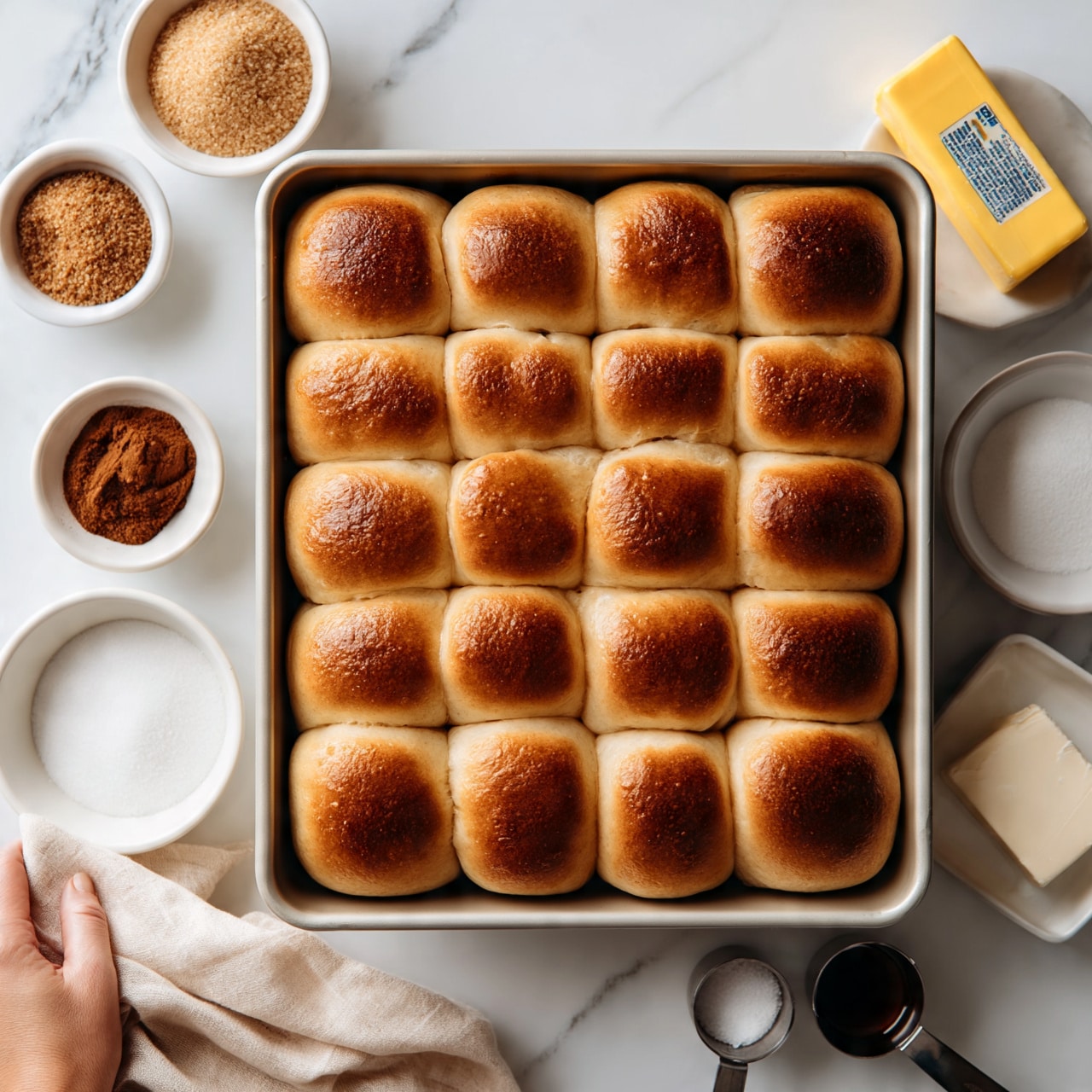 square image The image shows a baking pan filled with golden brown bread rolls arranged neatly in three rows and four columns, sitting on a white marbled surface. Surrounding the pan are small white bowls and plates with ingredients for baking: a bowl of light brown sugar, a yellow rectangular stick of butter with a label, a small bowl of dark brown cinnamon powder, a bowl of white granulated sugar, and a small white dish with a block of cream cheese. Two small metal measuring cups contain salt and a dark liquid, likely vanilla or syrup. A woman's hand is partly visible at the bottom left corner holding a light beige cloth. Photo taken with an iphone --ar 4:5 --v 7
