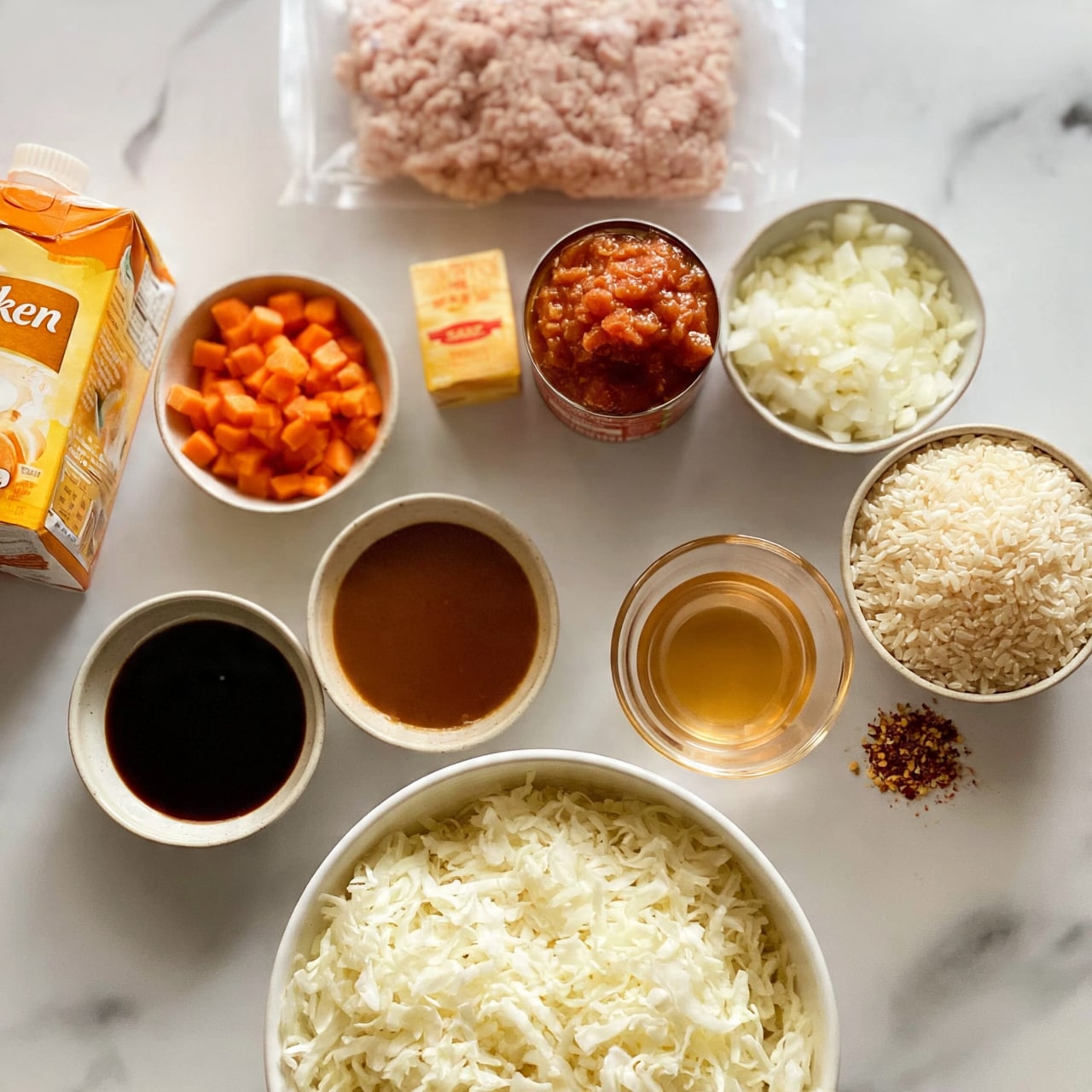 square image A collection of cooking ingredients arranged neatly on a white marbled surface, including a carton of yellow chicken broth on the left, a clear package of light pink ground turkey at the top center, a small box of yellowish tomato sauce and a can of crushed tomatoes stacked side by side in the middle, a bowl of small orange carrot cubes, a bowl of finely chopped white onions, a bowl of uncooked white rice, a bowl of dark and light brown sauces arranged left to right, a glass bowl of light golden liquid, a small pile of mixed dry spices with a reddish tone, and a large white bowl filled with shredded white cabbage near the bottom. photo taken with an iphone --ar 4:5 --v 7