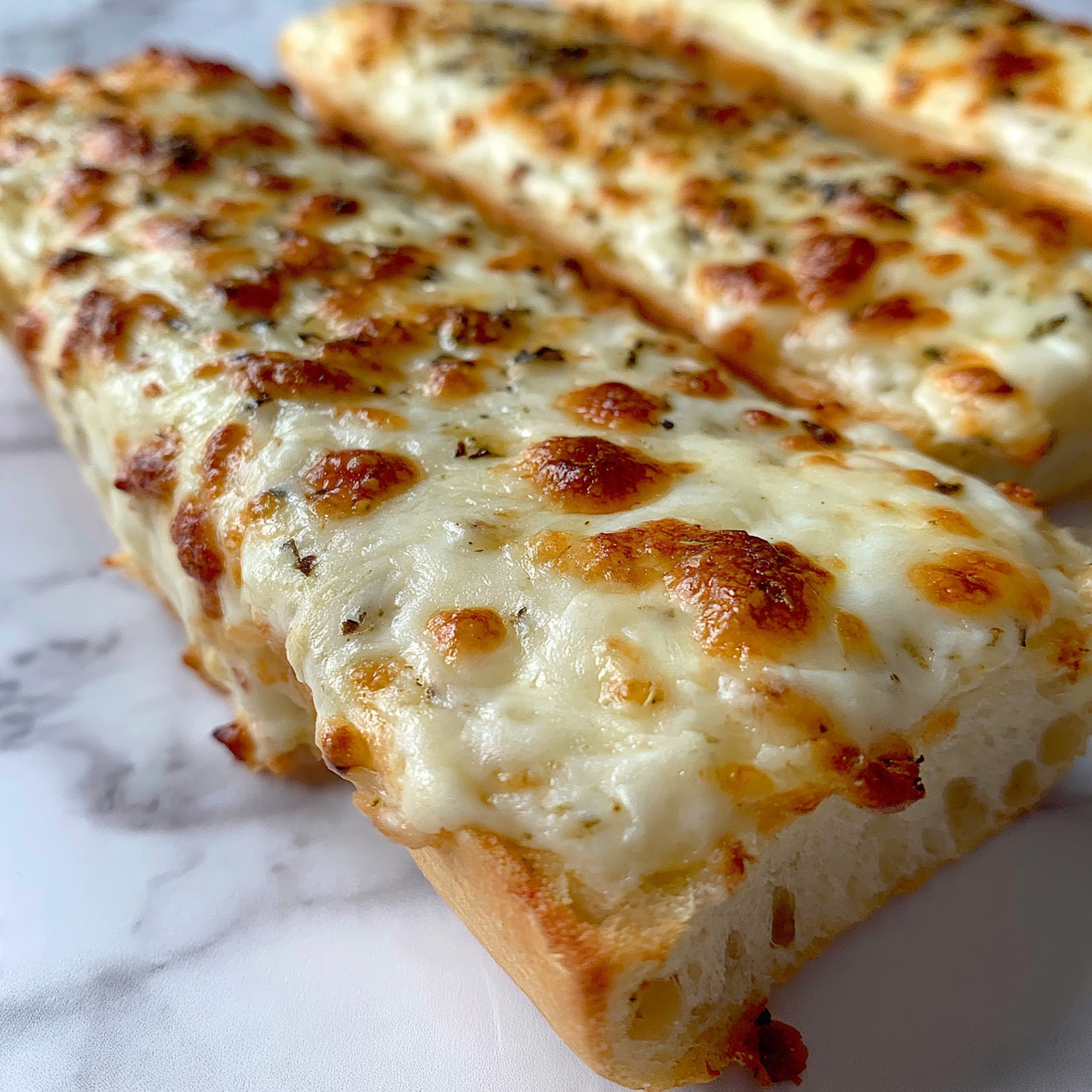 square image The image shows several long rectangular slices of cheesy bread arranged close together. Each slice has a light golden brown crust at the bottom, a thick layer of creamy melted cheese on top with some bubbly, darker browned spots. The cheese layer is smooth and slightly stretchy, with hints of herbs scattered on the top, giving it a speckled appearance. The bread underneath looks soft with small air holes visible along the sides, and the whole scene is set against a white marbled surface. photo taken with an iphone --ar 4:5 --v 7