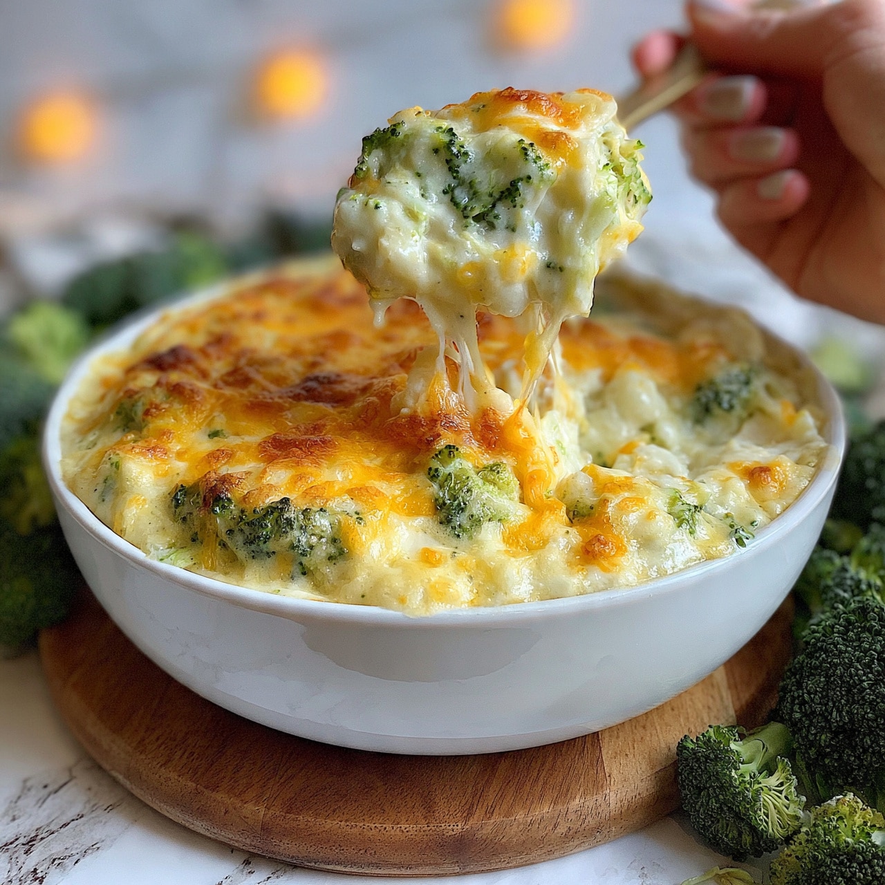 square image A white round dish filled with a creamy baked broccoli casserole is shown, with melted golden cheese covering the top layer. The casserole has fluffy, bubbling white sauce mixed with green broccoli pieces throughout. A woman's hand is lifting some casserole with a spoon, showing the stretchy melted cheese and soft broccoli inside. The dish sits on a round wooden board, with fresh broccoli around it, all placed on a white marbled surface with warm lights in the background. Photo taken with an iphone --ar 4:5 --v 7