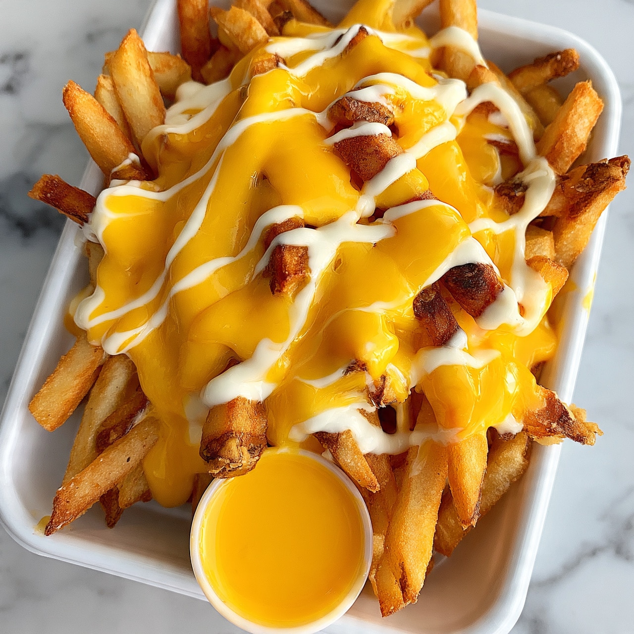 square image The image shows a white tray filled with golden brown fries topped with smooth melted yellow cheese sauce. White creamy sauce is drizzled lightly over the cheese, adding contrast. A small cup filled with more melted cheese sauce is placed at the bottom edge of the tray. Some fries are slightly crispy and textured, and the tray is on a white marbled surface. Photo taken with an iphone --ar 4:5 --v 7square image