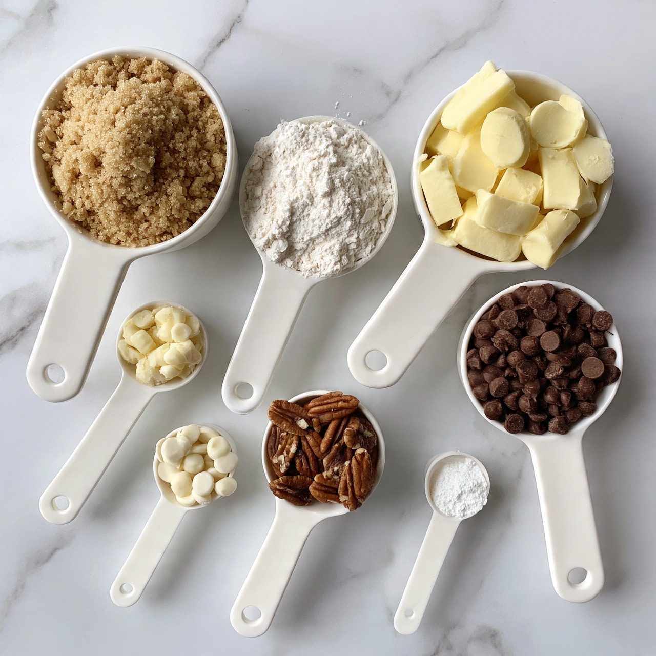 square image A white marble surface with seven white measuring cups and spoons arranged neatly. The largest cup is filled with light brown sugar, next to it is a measuring cup with white flour, one filled with light yellow butter slices, and another with dark brown chocolate chips. There is a small white spoon with white chocolate chips, another with pecan nuts in a white measuring cup, and the smallest white spoon holds baking powder. The textures include soft butter, smooth sugar, solid pecans, and round chocolate chips. photo taken with an iphone --ar 4:5 --v 7