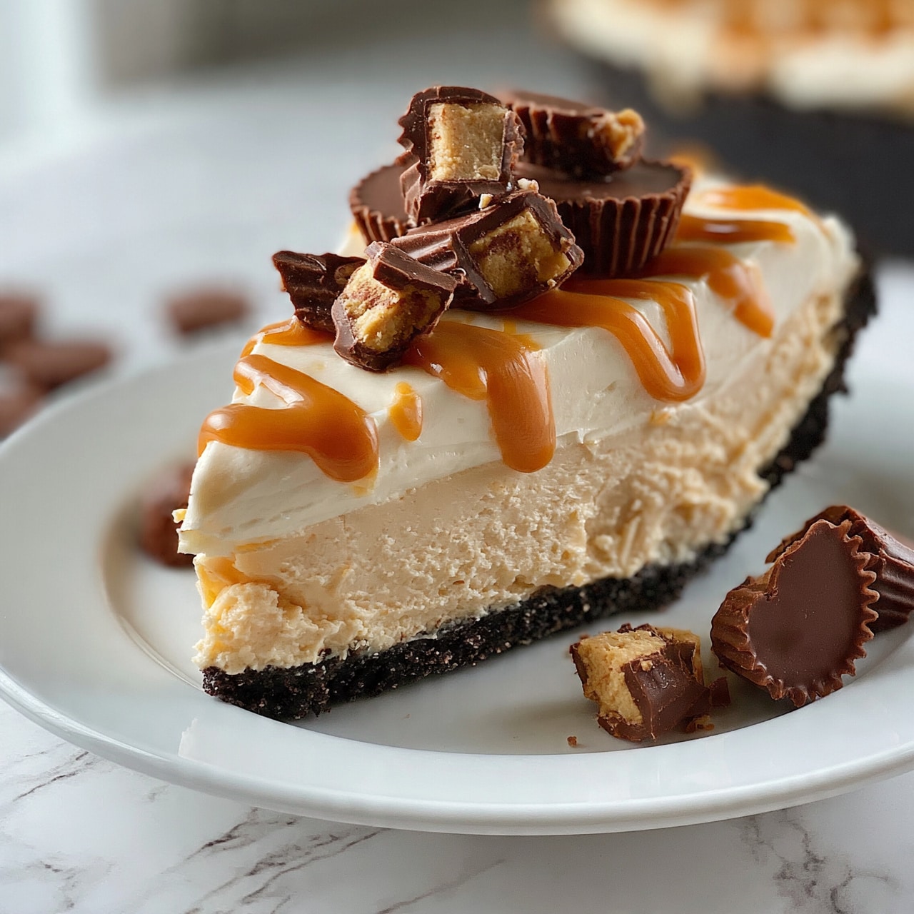 square image A slice of pie with three layers is shown on a white plate over a white marbled surface. The bottom layer is a dark, crumbly crust, the middle layer is thick and light tan with a smooth and creamy texture, and the top layer is decorated with a light drizzle of caramel-colored sauce. On top of the pie slice, there are multiple small chocolate peanut butter cup pieces, some cut to show the filling inside. Additional whole and broken chocolate peanut butter cups are scattered around the plate. Photo taken with an iphone --ar 4:5 --v 7square image