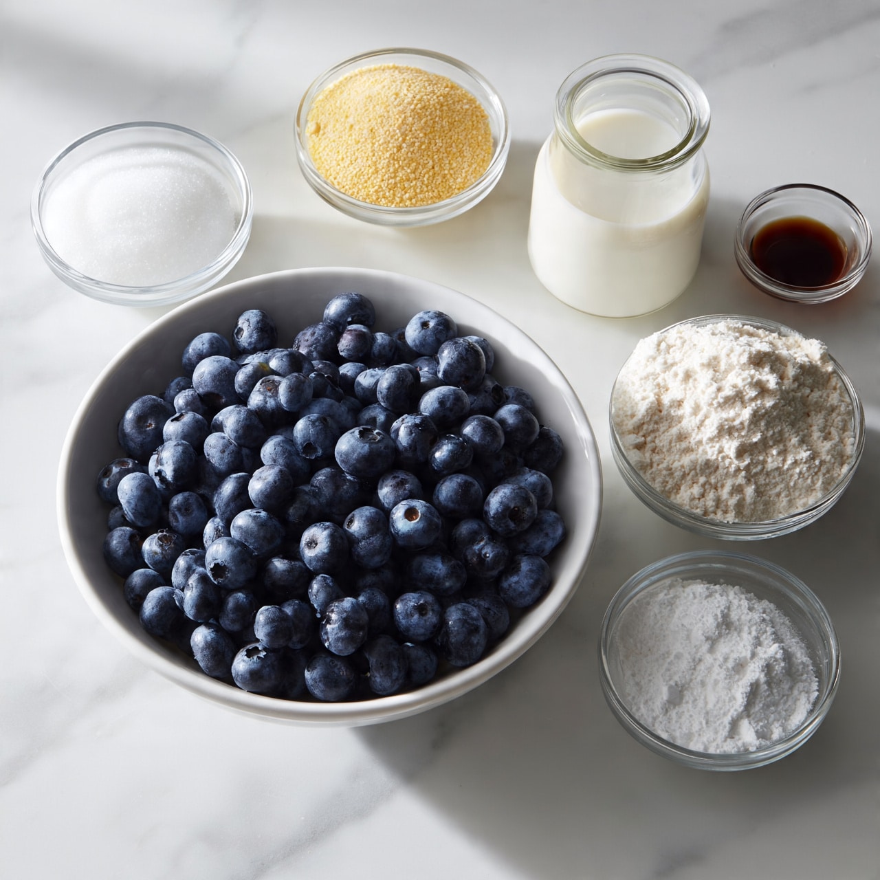square image A white bowl filled with many fresh blueberries is placed on a white marbled surface. Around it are small clear glass bowls with white granulated sugar, a light yellow cornmeal, white all-purpose flour, and white powdered sugar. A small glass jug holds white milk, and a small clear glass container has a dark brown liquid, possibly vanilla extract. The items are neatly arranged for baking preparation with soft natural light. Photo taken with an iphone --ar 4:5 --v 7