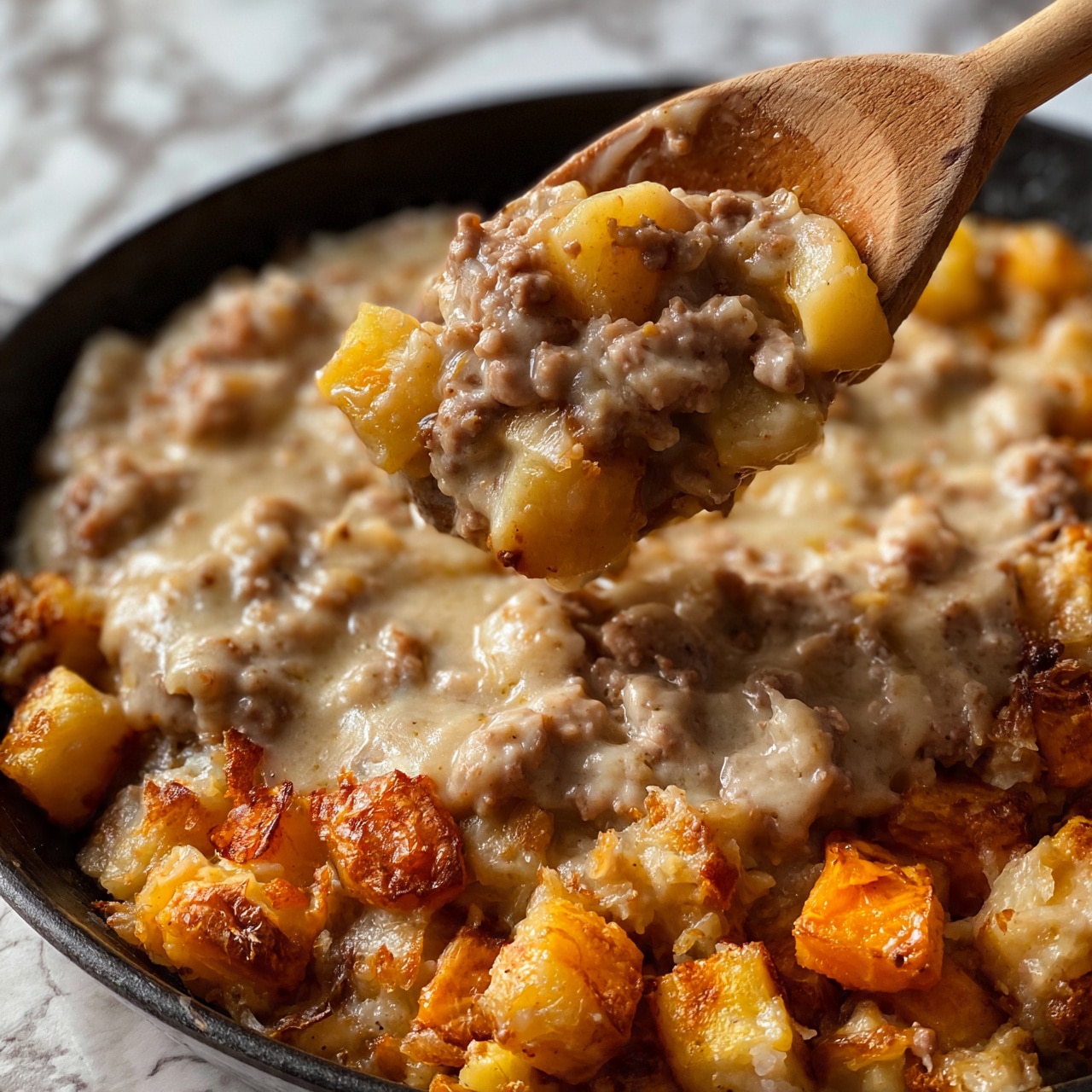 square image The image shows a close-up of a wooden spoon mixing a dish in a black pan. The dish has two main layers: the bottom layer is made of golden-brown, roasted potato pieces with a crispy texture, while the top layer consists of creamy, light beige ground meat cooked with a smooth, slightly chunky texture. The potatoes have a warm, orange tint from the roasting, and the spoon lifts a mix of both potatoes and meat. The background surface is a white marbled texture. photo taken with an iphone --ar 4:5 --v 7