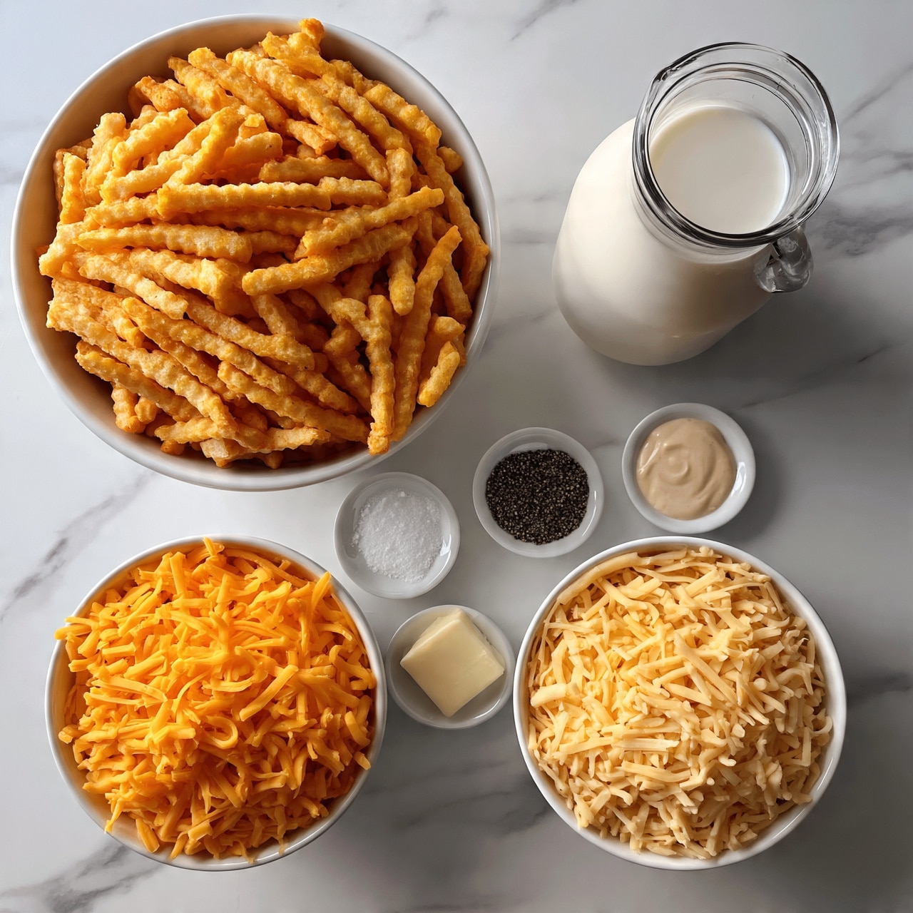 square image This image shows several ingredients arranged neatly on a white marbled surface. In the top left, there is a large white bowl filled with golden French fries, with their crunchy texture visible. To the right of this bowl is a glass jug filled with white milk. Below the fries, there are two white bowls filled with shredded cheese; the left one has bright orange cheddar cheese, and the right one has light yellow shredded cheese. Between these bowls, smaller white dishes hold baking powder, black pepper, butter, and a creamy sauce with a light beige color. The overall setup is clean and organized, showing all ingredients clearly. Photo taken with an iphone --ar 4:5 --v 7