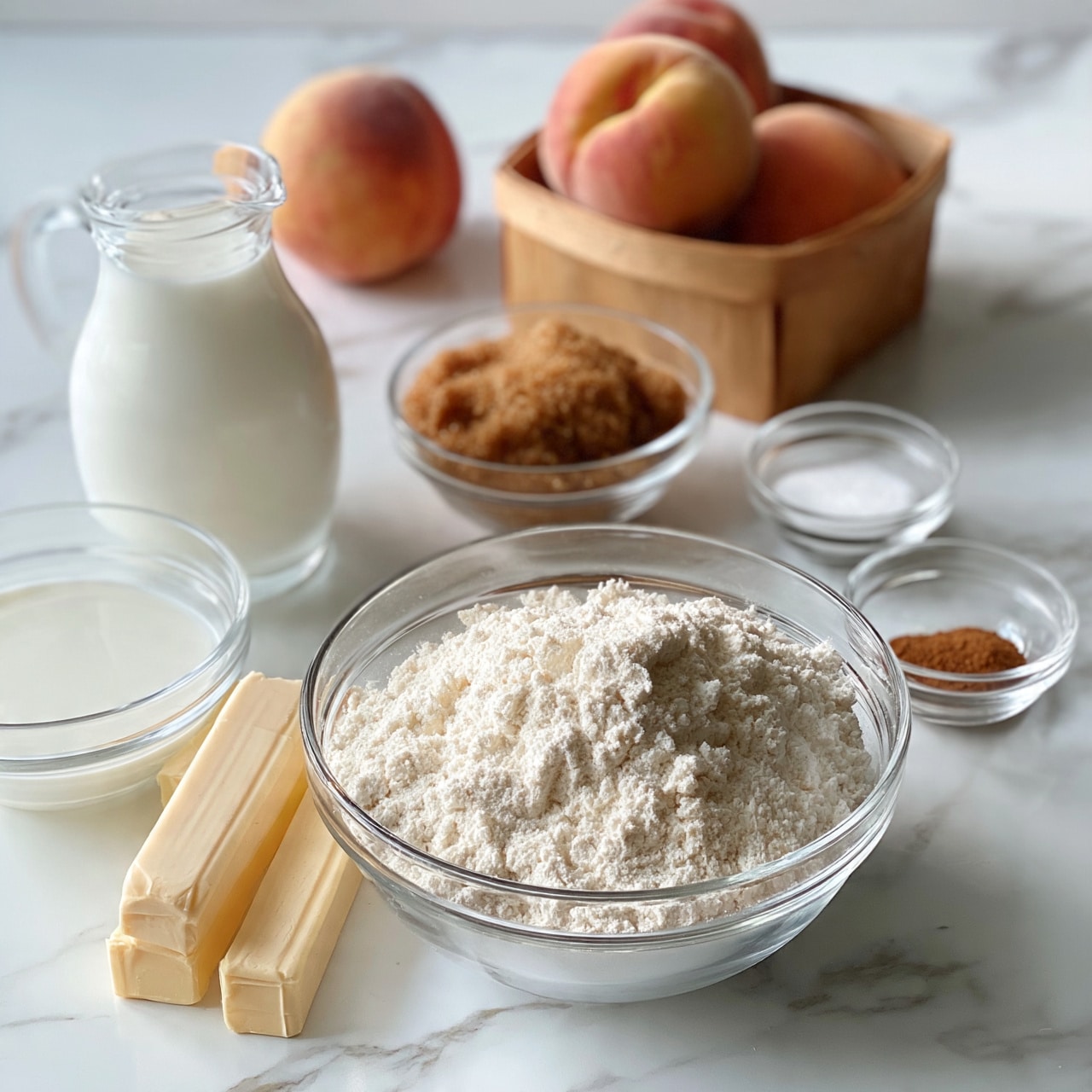 square image The image shows a group of clear glass bowls and containers with baking ingredients on a white marbled surface. In the front center, there is a large glass bowl filled with white flour. To the left, a smaller clear bowl and a glass pitcher hold white cream and milk. Next to them, a few sticks of butter are stacked on the surface. Behind, there's a small clear bowl containing brown sugar, and a wooden basket with three whole peaches. To the right side, small glass bowls contain white sugar, salt, and a small amount of ground cinnamon. The photo is bright and clean, focusing on the textures and soft colors of the ingredients against the white marbled surface. photo taken with an iphone --ar 4:5 --v 7