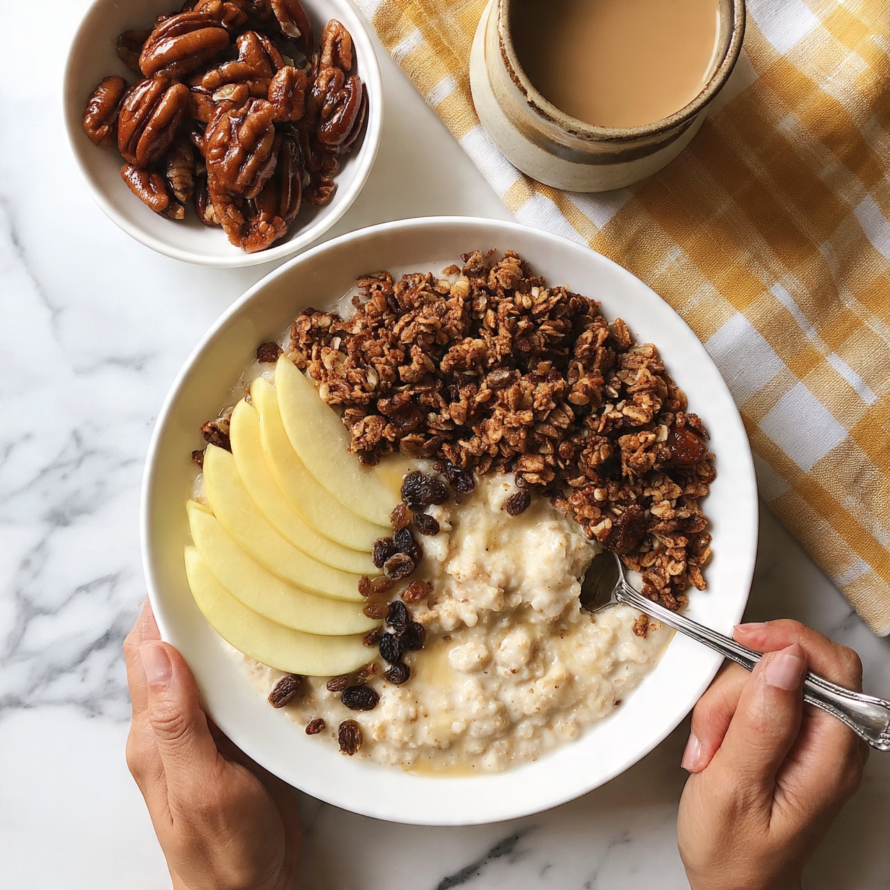 square image A white bowl filled with creamy oatmeal on a white marbled surface, topped with a layer of crunchy brown granola, thinly sliced pale yellow apple slices arranged in a fan shape on one side, and sprinkled with small dark raisins. To the side, there is a small white bowl with glossy brown pecans and a ceramic cup with a light brown drink, both on the same white marbled surface over a yellow and white checkered cloth. A woman's hand is holding a silver spoon near the bowl. photo taken with an iphone --ar 4:5 --v 7