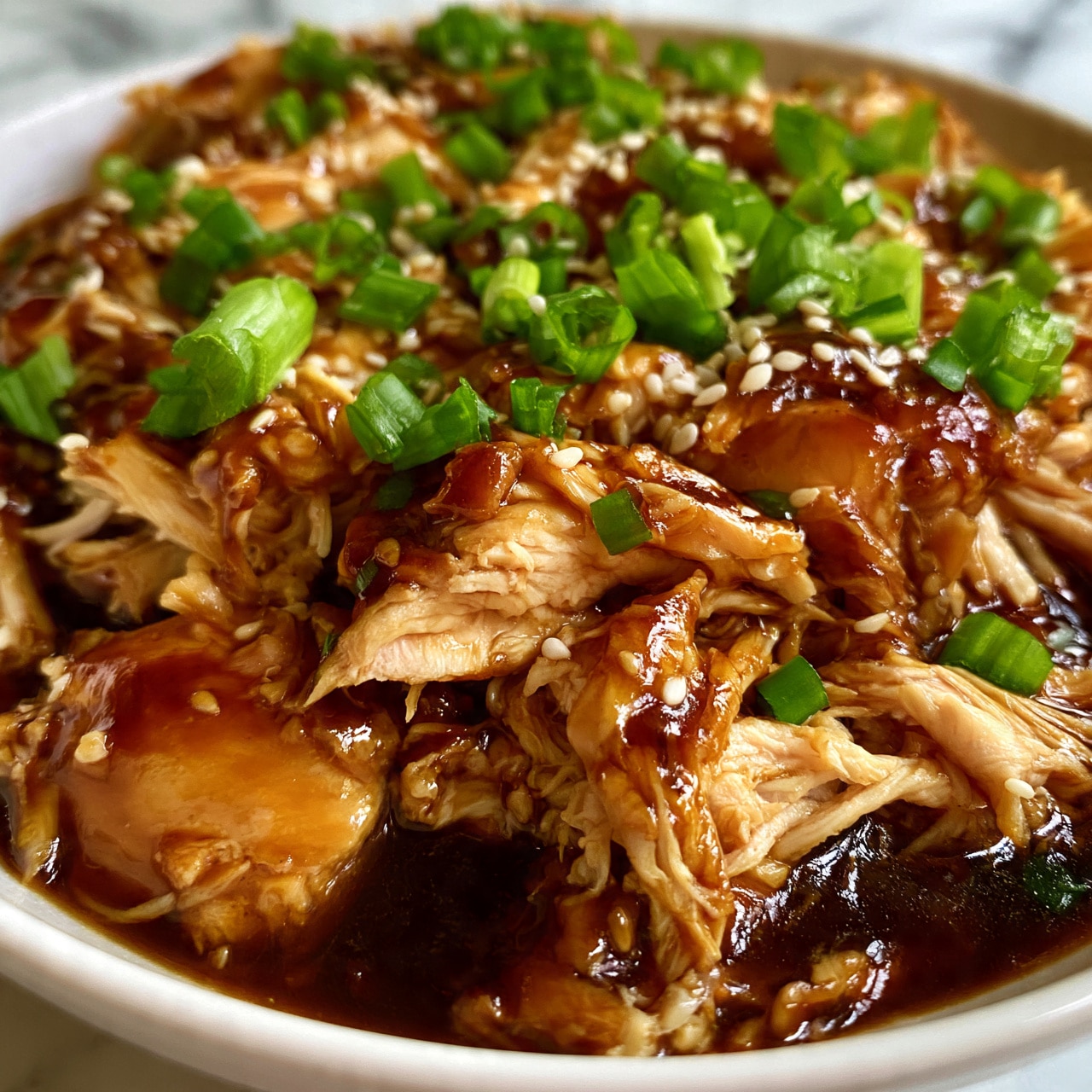square image A close-up view of a bowl filled with shredded chicken in a dark brown sauce. The chicken pieces are coated and soaked in the shiny sauce, with visible tender meat texture. On top, there are bright green chopped spring onions scattered evenly and small white sesame seeds sprinkled across for extra color and texture. The bowl is white, and the background shows a soft white marbled texture. Photo taken with an iphone --ar 4:5 --v 7