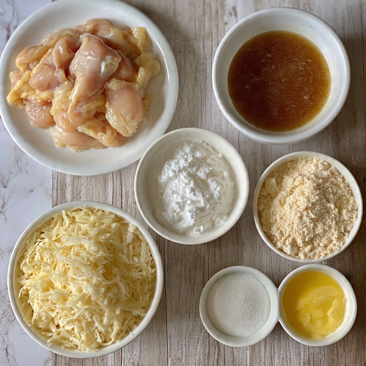 square image The image shows a wooden table with six white bowls and plates containing different ingredients. On the top left, there is a white plate with several raw chicken pieces, pale pink with smooth texture. To the top right, a white bowl holds a brown liquid mixture with a slightly shiny surface. In the middle left, a white bowl is filled with finely shredded pale yellow cheese. At the center, a white bowl contains a soft white powdery ingredient. To the middle right, a white bowl holds a light beige crumbly substance. At the bottom right, three small white bowls sit closely, containing salt, sugar, and melted yellow butter. The background is a white marbled surface. Photo taken with an iphone --ar 4:5 --v 7