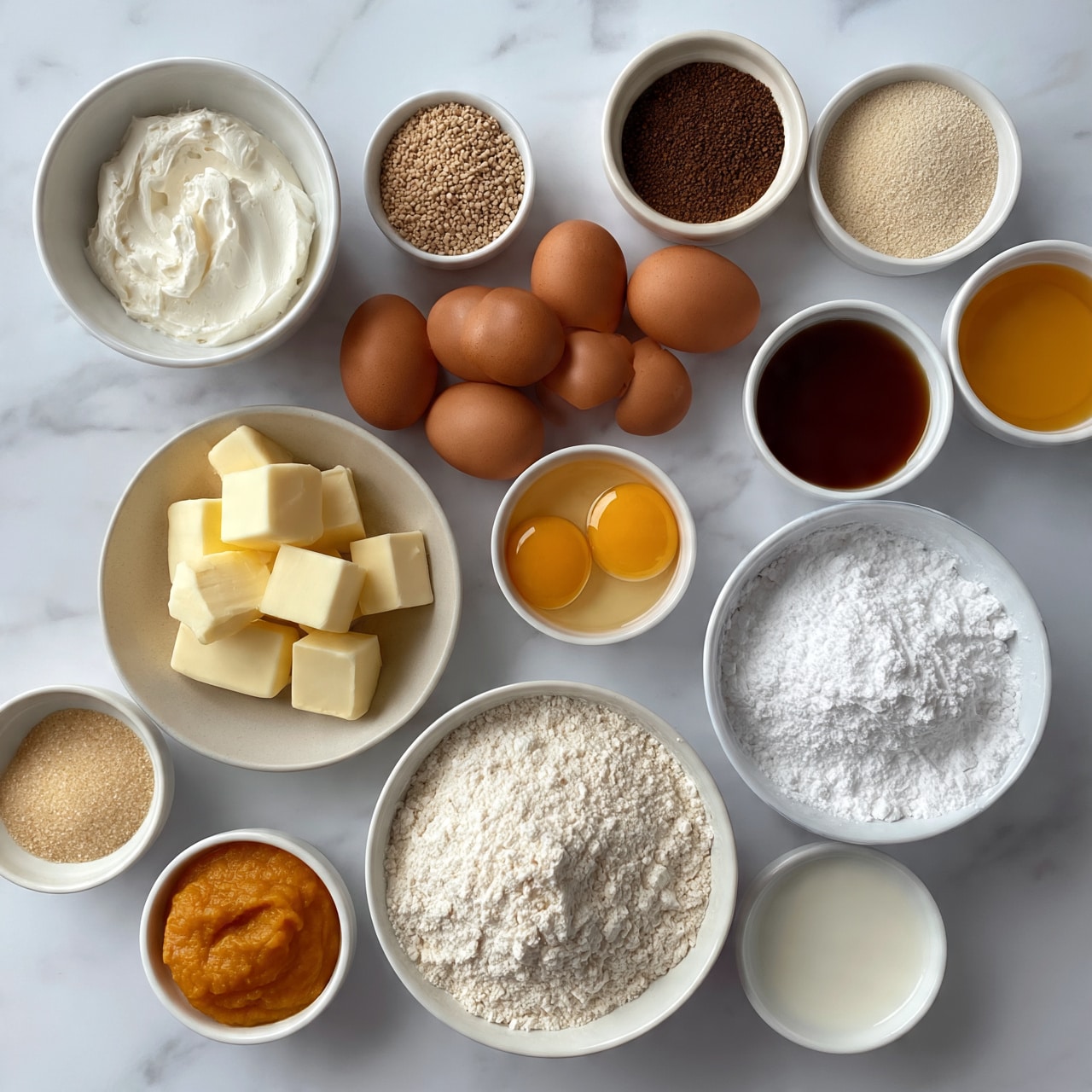 square image A top-down view of multiple white bowls and small containers with various baking ingredients carefully arranged on a white marbled surface. Starting from the top left, there is a medium bowl filled with smooth, white cream cheese-like texture; next to it is a small bowl with light brown yeast granules; brown eggshells cluster near the rounded middle, beside a small bowl containing two raw egg yolks in clear whites. Moving down, there's a light bowl with neatly cubed pale yellow butter, a large bowl filled with fine white flour, and another just below it with powdered sugar piled up. Various smaller white bowls hold dark brown spices, granulated sugar, pumpkin puree, maple syrup, melted butter, and milk. Each ingredient is distinctly visible, texture-rich and set against the bright white marbled backdrop, highlighting their colors and forms. photo taken with an iphone --ar 4:5 --v 7
