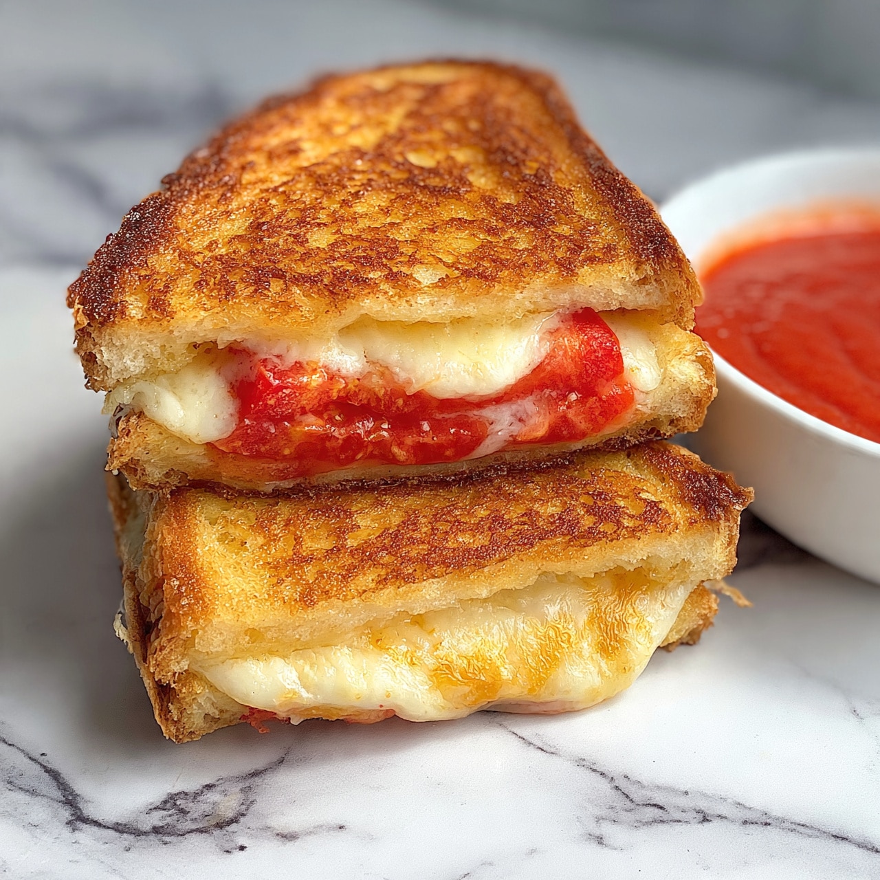 square image The image shows two sandwich halves stacked on each other on a white marbled surface. The top half shows melted cheese and red tomato slices inside golden toasted bread with a crispy texture. The bottom half has visible melted cheese stretching out slightly with a light golden inside. To the side, there is a white bowl with a smooth red sauce. The colors are warm with the bread's golden brown contrasting with the bright red tomatoes and cheese inside. photo taken with an iphone --ar 4:5 --v 7