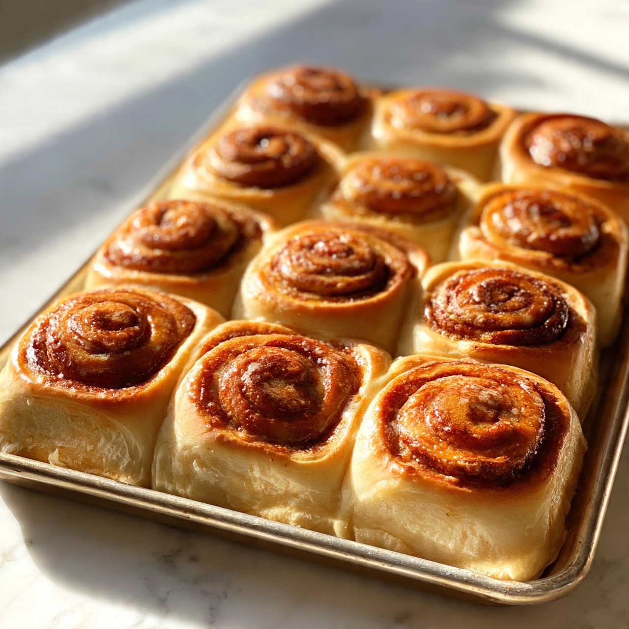 square image A tray of nine cinnamon rolls arranged in three rows of three, each roll showing a thick spiral pattern with a golden-brown top and a soft, light cream-colored dough base. The rolls are slightly glossy, indicating a light glaze or butter on the surface. The tray is metal, placed on a white marbled surface with soft natural light highlighting the texture and baked edges of the rolls. photo taken with an iphone --ar 4:5 --v 7