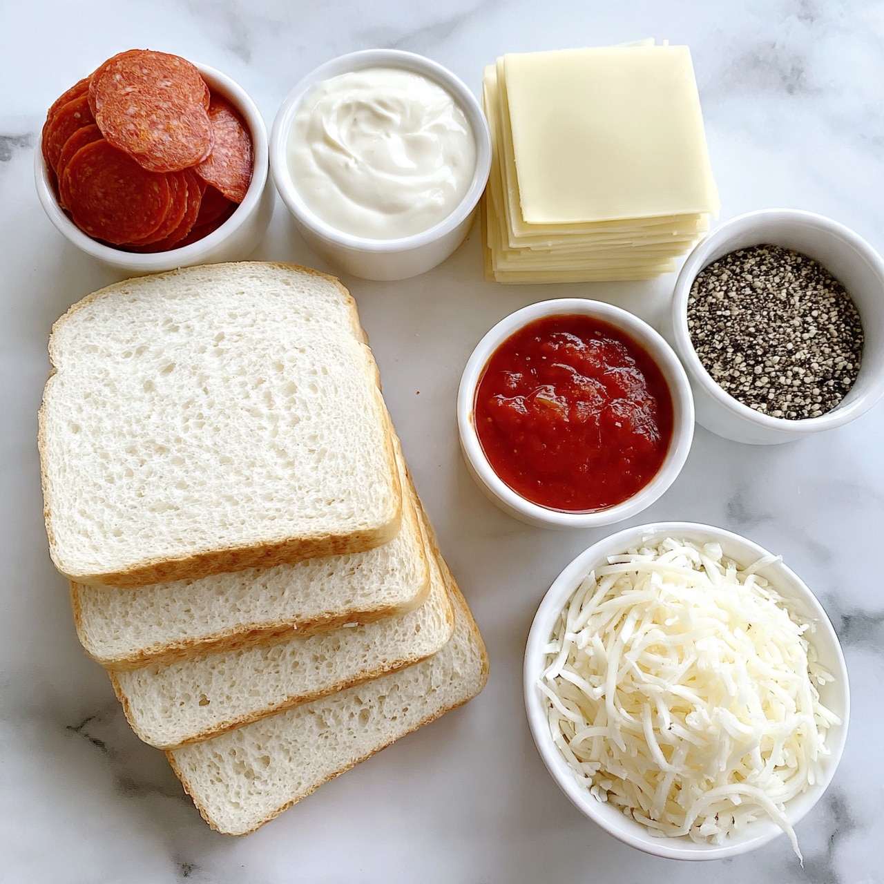 square image The image shows several ingredients placed neatly on a white marbled surface. There are five slices of white bread stacked slightly askew on the bottom left. On the top left, there is a small white bowl holding round slices of red pepperoni. Next to it is a small white bowl filled with a creamy white sauce, and beside that, there is a stack of several pale yellow cheese slices. Below the cheese slices is a small white bowl with red tomato sauce, and to the right of it is a small white bowl containing black and white pepper mix. In the bottom right corner, a white bowl is full of shredded white cheese. All the bowls and bread slices are arranged evenly, creating a clean and organized look. photo taken with an iphone --ar 4:5 --v 7