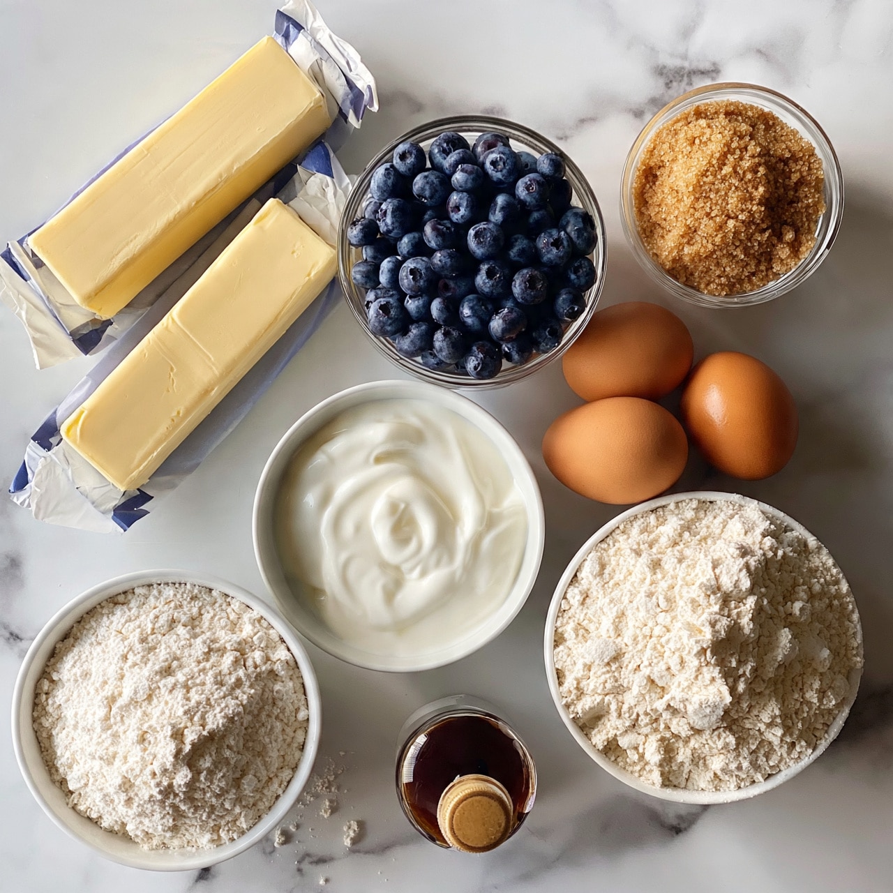 square image The image shows ingredients for baking arranged neatly on a white marbled surface: two sticks of butter with paper wrappers, a small glass bowl filled with fresh blueberries, a white bowl with a thick white cream, three brown eggs, a white bowl filled with flour, a small clear bowl of brown sugar, and a small bottle of vanilla extract. All items are placed close together, giving a clear view of each ingredient. photo taken with an iphone --ar 4:5 --v 7