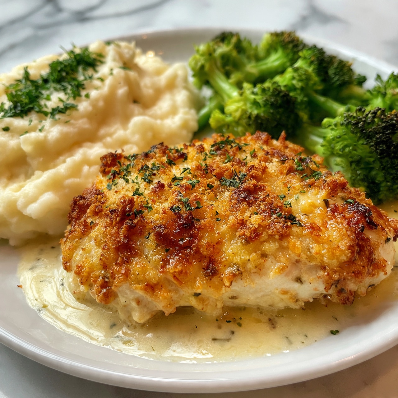 square image The image shows a close-up of a single piece of golden-brown baked chicken with a crunchy breadcrumb topping sprinkled with small green herbs. The chicken is sitting on a creamy, buttery sauce that spreads out on the surface beneath it. Behind the chicken, there are two side dishes visible: to the left, there is a portion of mashed potatoes with a smooth, creamy texture topped with chopped green herbs, and to the right, there are bright green steamed broccoli florets. All the food is placed on a white plate set on a white marbled surface. photo taken with an iphone --ar 4:5 --v 7