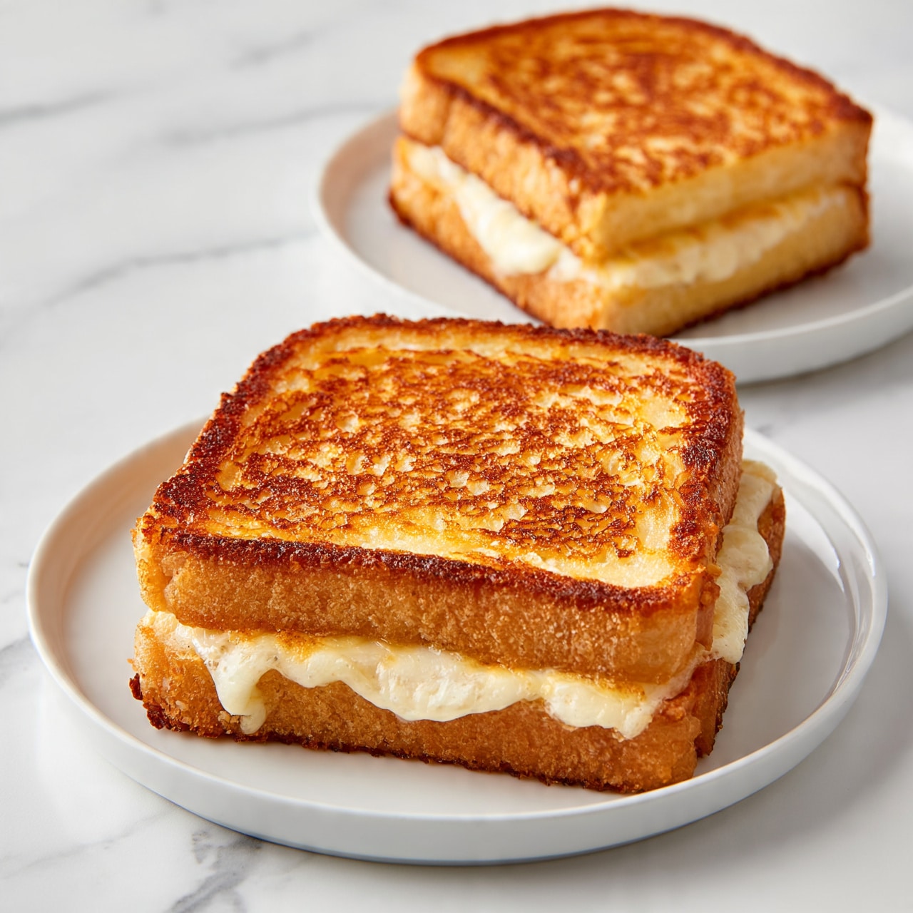 square image The image shows two grilled cheese sandwiches on white plates placed on a white marbled surface. Each sandwich has two thick, golden-brown toasted bread slices with crispy, slightly darker edges. A layer of melted cheese peeks out between the bread slices, looking creamy and slightly stringy. The sandwich in the foreground is centered on the plate, showing the top toasted surface clearly, while the second sandwich is stacked cut in half and placed on the plate in the background. The overall look is warm and inviting, highlighting the crunchy texture of the toasted bread and the soft melted cheese inside. Photo taken with an iphone --ar 4:5 --v 7