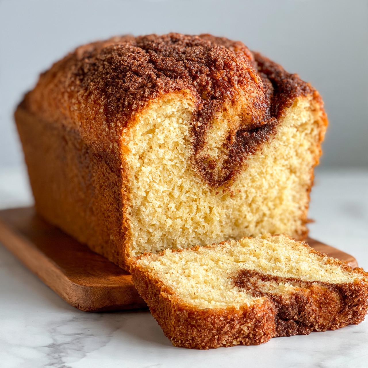 square image A loaf of cinnamon swirl bread is shown on a wooden board placed on a white marbled surface. The bread is golden brown on the outside with a rough texture on top, showing cinnamon sugar sprinkled over it. The inside of the loaf is light yellow with a soft, crumbly texture, and a visible swirl of darker cinnamon running through it. A slice has been cut from the front, lying flat and showing its crumbly texture and cinnamon ribbon clearly. The background is plain and light gray, keeping the focus on the bread, photo taken with an iphone --ar 4:5 --v 7square image
