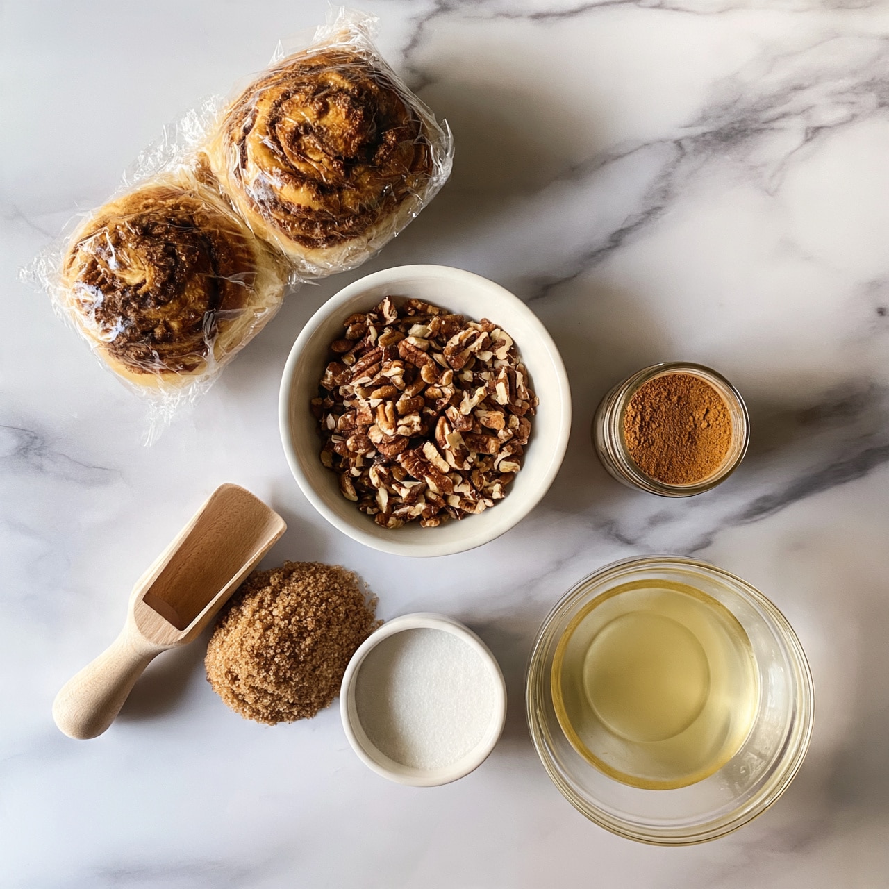 square image The image shows ingredients for a cinnamon roll recipe arranged on a white marbled surface. There are two wrapped packs of refrigerated cinnamon rolls placed near the top left. Below them, there is a white bowl filled with chopped nuts, mostly pecans, positioned in the center. To the right of this bowl, there is a small glass container filled with cinnamon powder. Below these, a wooden scoop holds brown sugar, while a small white cup contains white granulated sugar. Next to it is a clear glass bowl with melted butter. The setup is neat and organized, with each ingredient clearly visible. Photo taken with an iphone --ar 4:5 --v 7