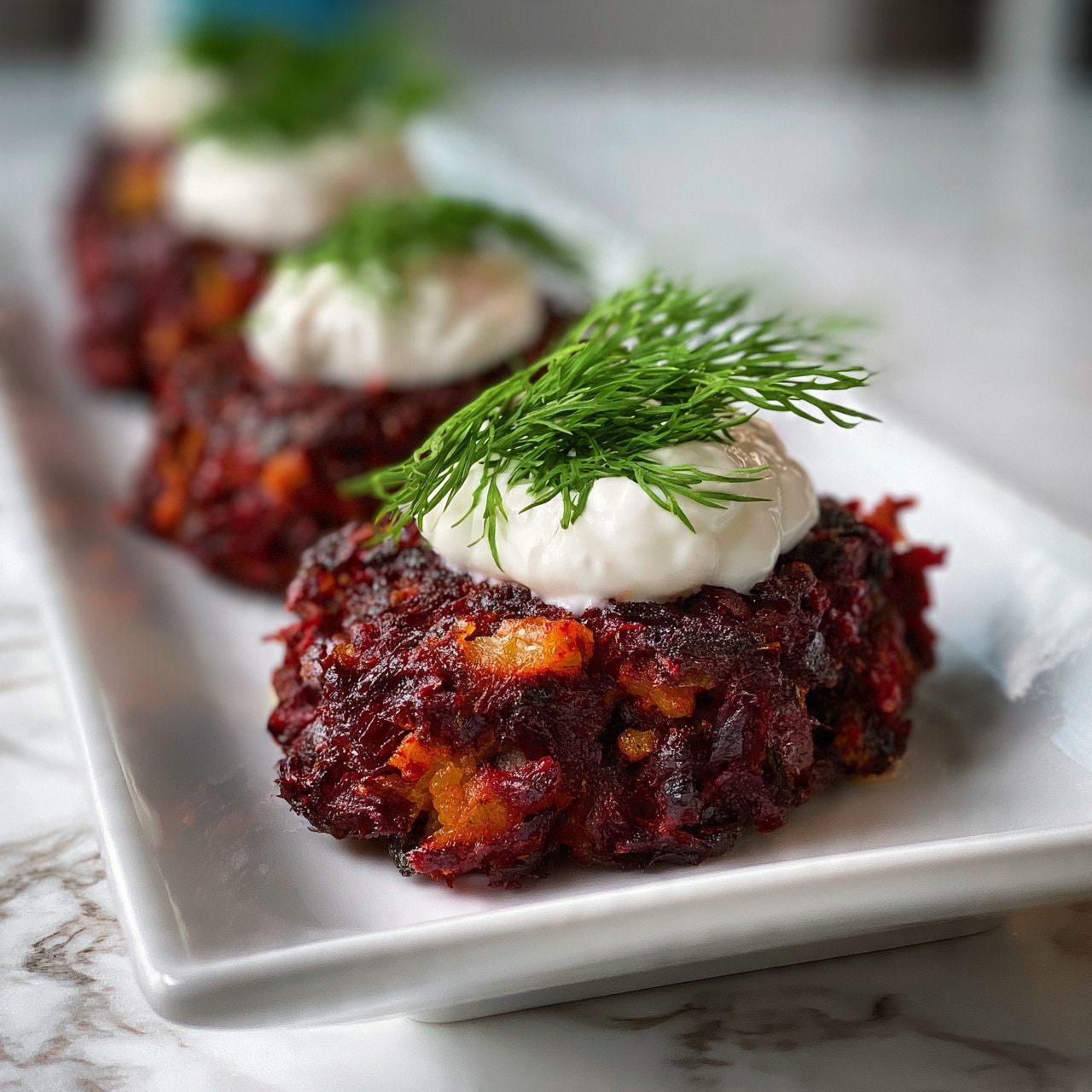 square image The image shows three round beet fritters placed on a long white plate with a white marbled surface underneath. Each fritter is dark red with bits of orange and has a rough, crispy texture on the outside. On top of each fritter, there is a dollop of white cream or sour cream. Bright green sprigs of fresh dill lay delicately on the cream, adding a fresh contrast in color. The fritters are arranged in a row, with the focus on the fritter closest to the front. photo taken with an iphone --ar 4:5 --v 7