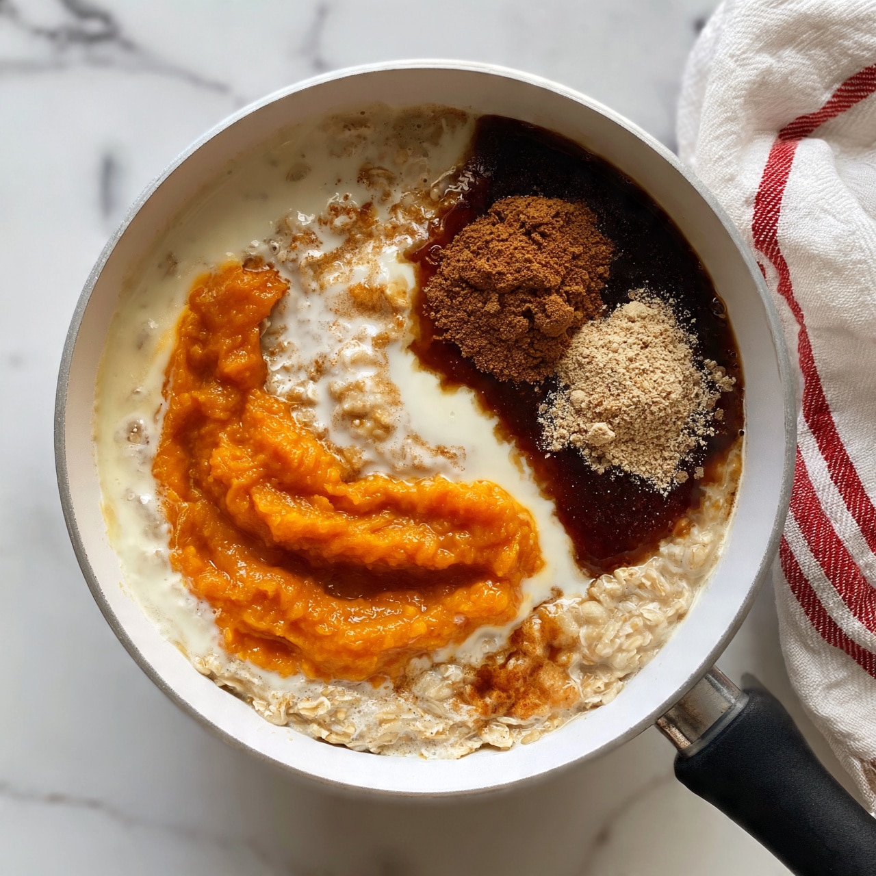 square image A white saucepan with a black handle sits on a white marbled surface, filled with oatmeal topped with various layers of ingredients. On one side, there is a thick layer of bright orange puree, likely pumpkin, surrounded by a creamy layer of milk mixed into the oats. Next to the puree, there is a dark brown syrupy layer, and on top of this are two small piles of brown and beige powdered spices. The oats themselves form the base layer, visible around the edges and under the toppings. A white cloth with red stripes lies next to the saucepan. photo taken with an iphone --ar 4:5 --v 7
