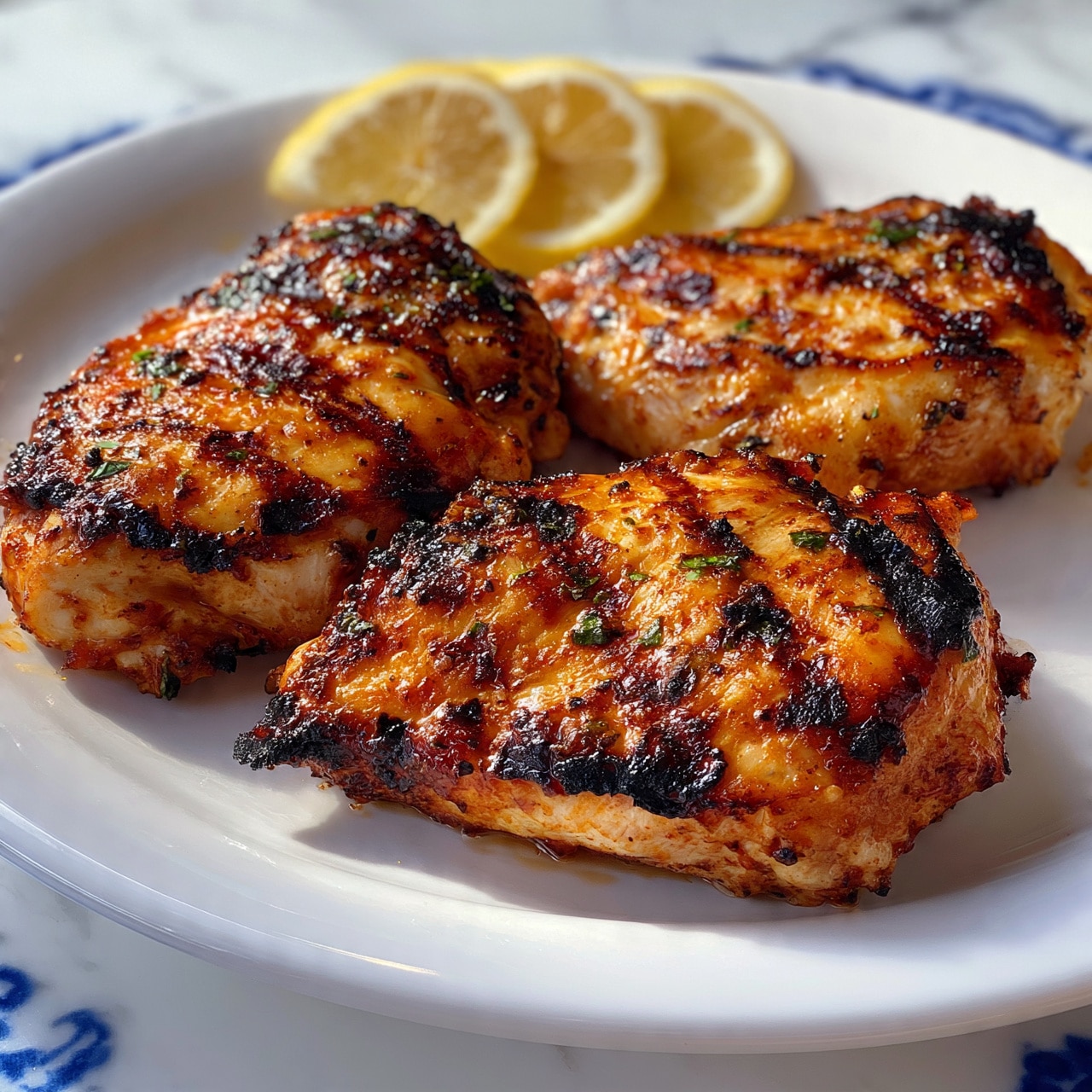 square image The image shows three grilled chicken pieces on a white plate, arranged close together. The chicken has a golden brown color with dark grill marks and small green herb bits sprinkled on top. In the upper part of the plate, there are three lemon slices layered in a slight row. The plate sits on a white marbled surface with blue patterns visible at the edges. Photo taken with an iphone --ar 4:5 --v 7