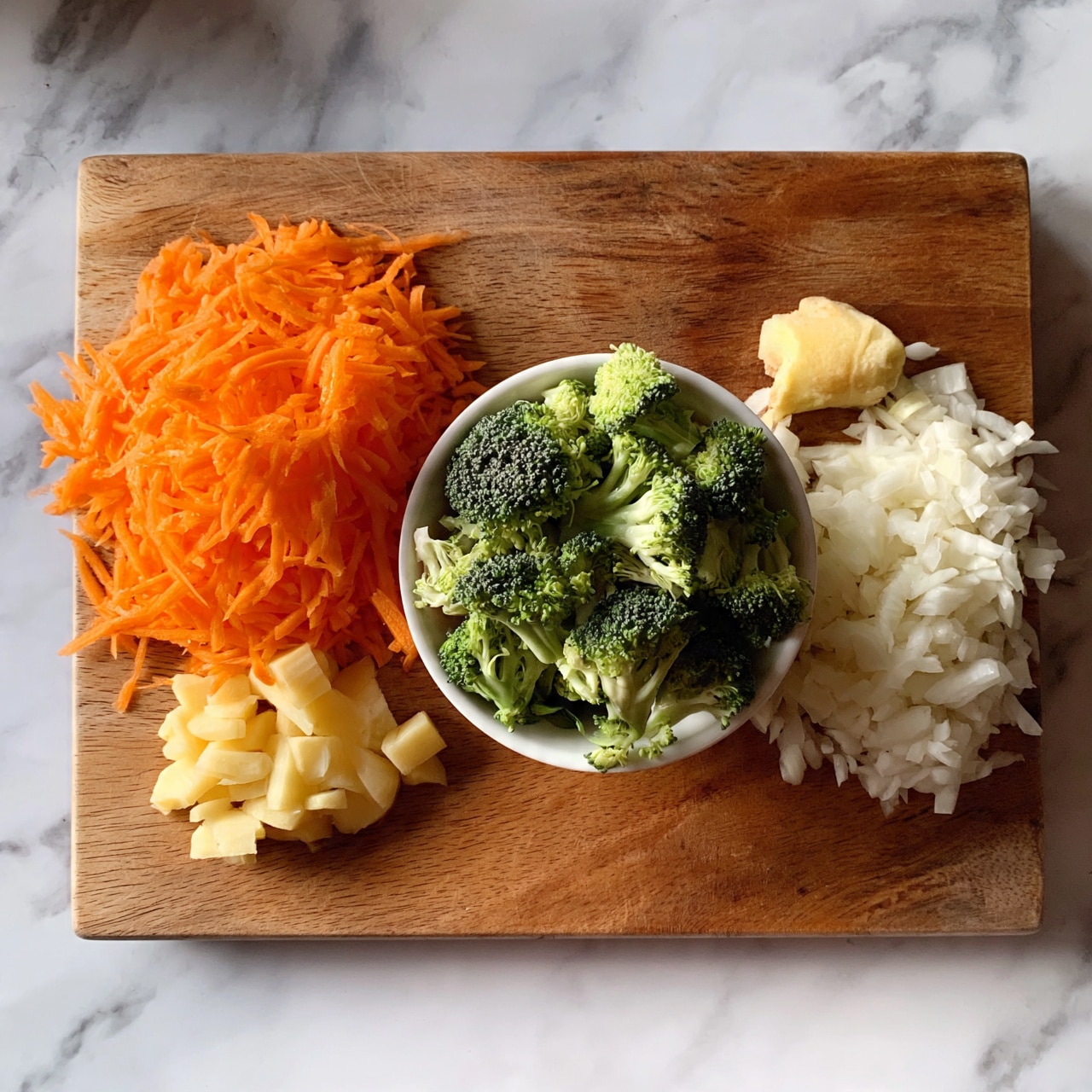 square image The image shows a wooden cutting board placed on a white marbled surface, with five piles of prepared ingredients arranged neatly. On the left is a mound of shredded bright orange carrots, followed by a small pile of chopped light yellow potatoes below it. Next to the carrots, in a white bowl, there is a bunch of green broccoli florets. To the right of the bowl, there is a small piece of light yellow ginger, and next to it is a heap of finely chopped white onions. The wooden board's natural grain contrasts with the fresh and colorful vegetables. photo taken with an iphone --ar 4:5 --v 7