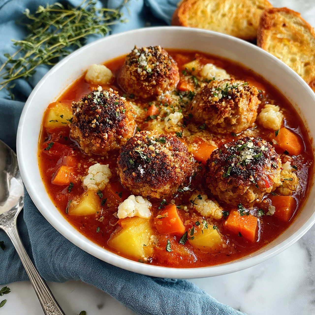 square image A white bowl filled with a rich red tomato soup base, chunky with bright orange carrot cubes, yellow potato pieces, and small white cauliflower florets. On top, five browned meatballs, each with a crispy, dark golden crust and sprinkled with green herbs and grated cheese. The bowl sits on a soft blue cloth over a white marbled surface, next to two slices of toasted golden bread. Fresh green herb sprigs and a silver spoon rest nearby, adding a fresh touch. Photo taken with an iphone --ar 4:5 --v 7