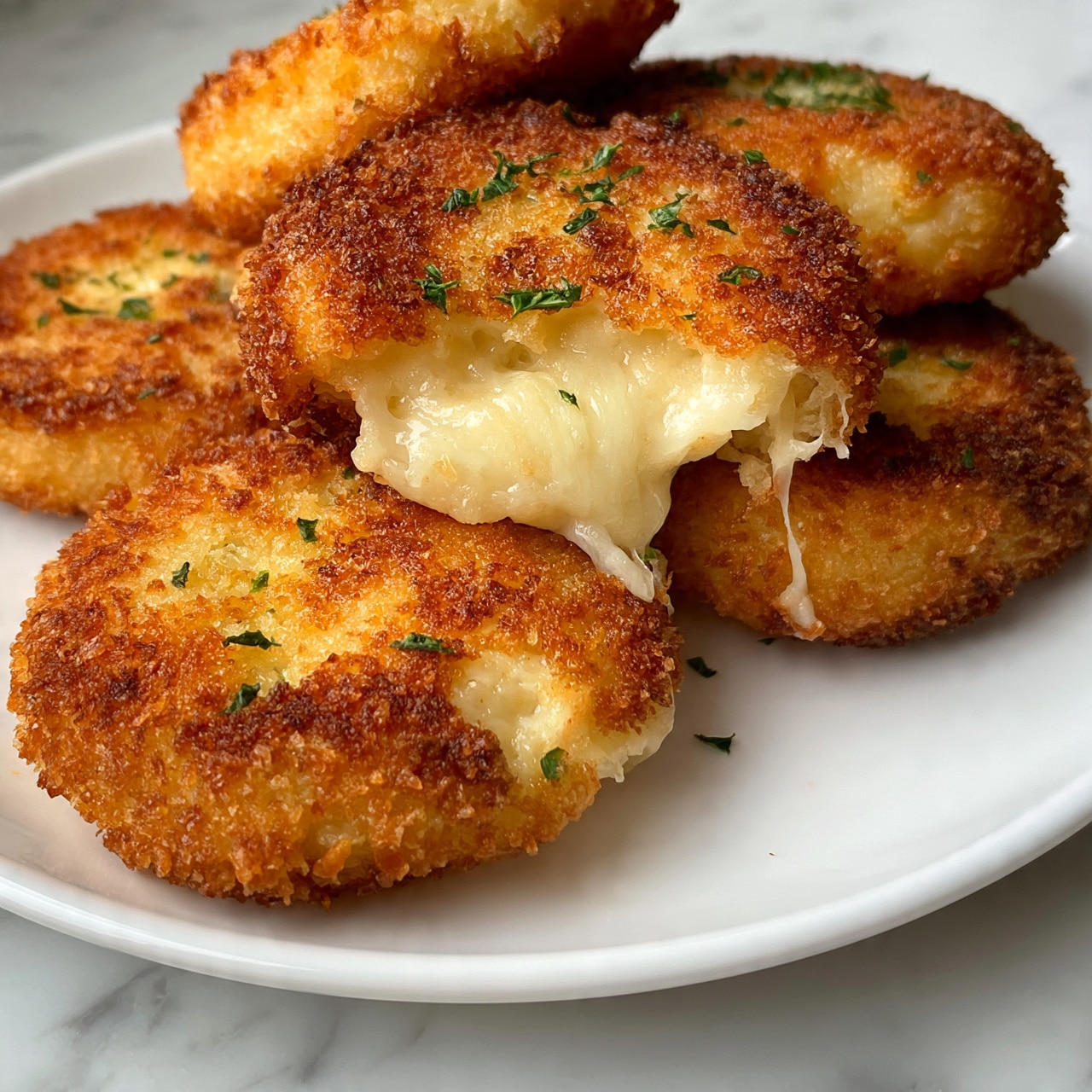 square image The image shows a close-up of several golden brown fried cheese patties on a white plate, each round patty with a crispy, crunchy outer layer and a soft, melted cheese center that stretches slightly as one patty is lifted. Small green herb pieces, likely parsley, are sprinkled on top, adding a fresh touch. The texture of the patties looks crunchy outside and gooey inside, with the cheese pulling apart in strings. The plate sits on a white marbled surface, and the photo is taken with an iphone --ar 4:5 --v 7