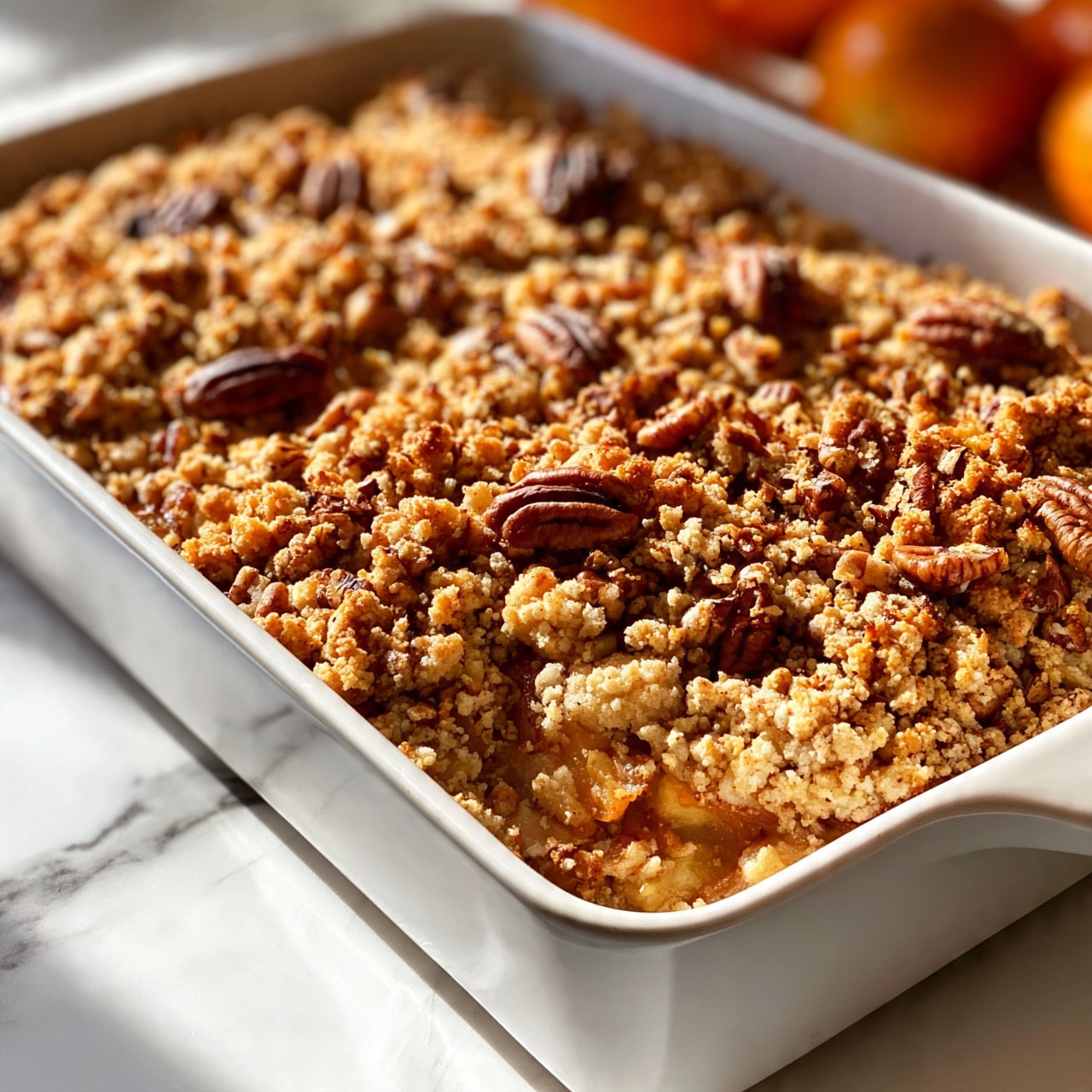 square image The image shows a white rectangular baking dish filled with a baked dessert. The top layer is crumbly and golden brown, covered unevenly with whole pecans scattered across the surface. Below the crunchy crumb topping, there appears to be a soft, baked fruit layer, likely apples, which gives some texture and slight color variations underneath. The dish sits on a white marbled surface with some out-of-focus orange fruits in the background. The lighting is soft and natural, highlighting the texture of the crumb topping and nuts clearly. photo taken with an iphone --ar 4:5 --v 7