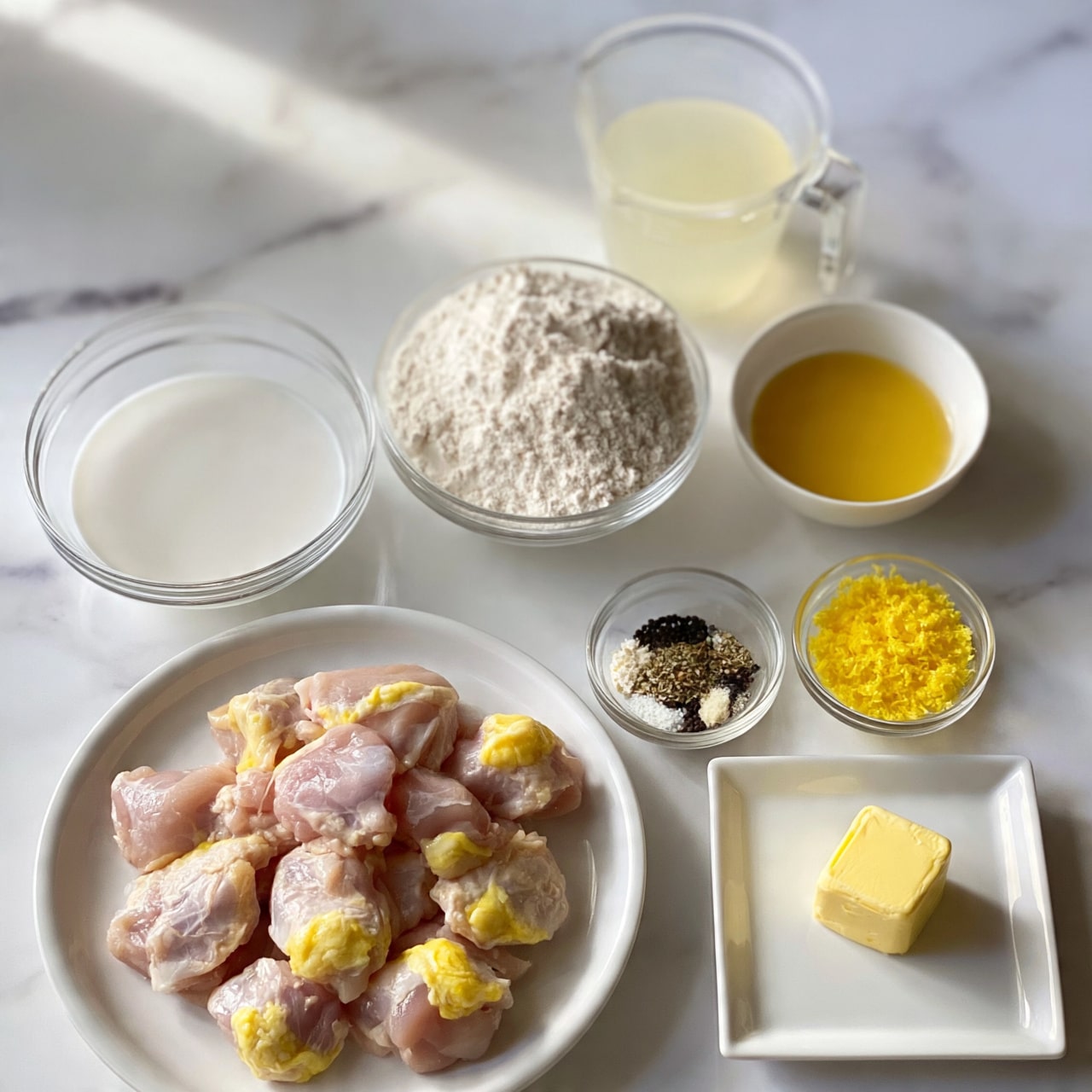 square image The image shows several cooking ingredients arranged on a white marbled surface. At the bottom left is a white round plate filled with raw chicken pieces that have a pale pink color with some yellow fat patches. Above it, there is a clear glass bowl with a white liquid, likely milk or cream. To the right of this bowl, there is another clear bowl filled with white flour that has a powdery texture. Above the flour bowl is a clear glass measuring cup with a light yellow liquid, probably lemon juice. To the right side of the image, there is a small white bowl containing a golden yellow liquid that looks like melted butter. Below it are two small round clear bowls: one with an assortment of black, white, and herbal spices, and the other with finely grated bright yellow zest, likely lemon zest. At the bottom right on a white square plate, there is a small block of yellow butter. The overall setting is neat and bright with soft natural light. Photo taken with an iphone --ar 4:5 --v 7
