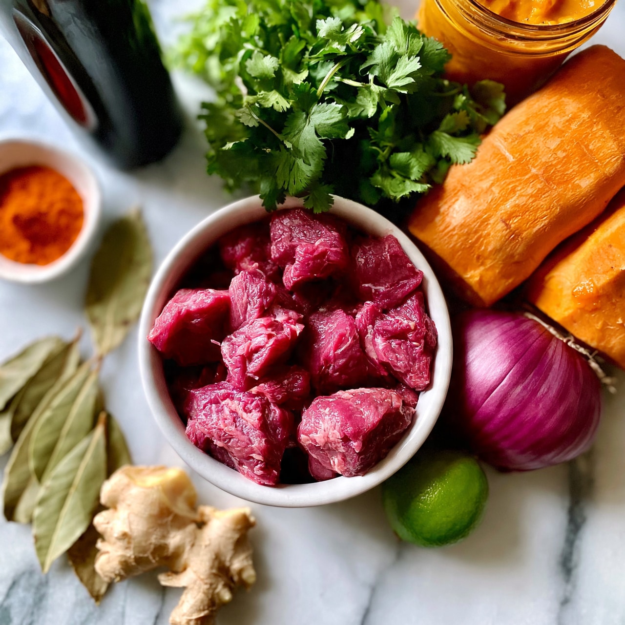 square image The image shows raw ingredients laid out on a white marbled surface. There is one white bowl filled with bright red raw meat chunks in the center. Surrounding it are two orange sweet potatoes on the right, a bunch of fresh green cilantro above, one whole red onion next to the meat bowl, a small green lime below the onion, and several loose bay leaves on the left next to pieces of fresh beige ginger root. There is also a small white dish holding some orange-red powder, a tall black bottle likely of oil, and a glass jar filled with orange sauce or paste. Photo taken with an iphone --ar 4:5 --v 7