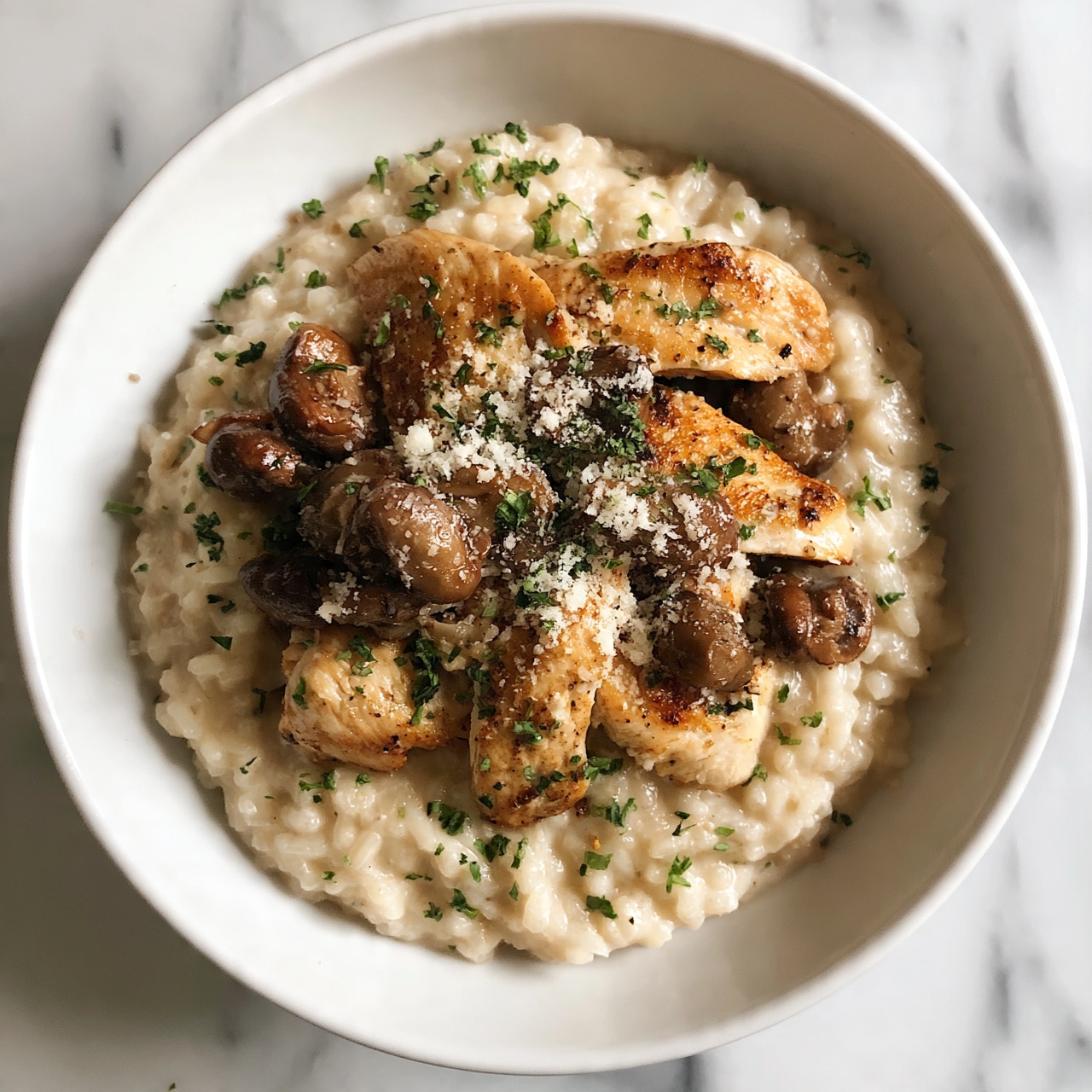 square image The image shows a white bowl filled with creamy risotto at the bottom with a smooth, soft texture and pale beige color. On top, there are several browned, tender slices of grilled chicken, light golden with a slight char. Mixed with the chicken are small, sliced mushrooms, dark brown with a soft, slightly shiny look. The dish is sprinkled evenly with finely chopped green herbs and a dusting of grated white cheese. The bowl is placed on a white marbled surface. Photo taken with an iphone --ar 4:5 --v 7