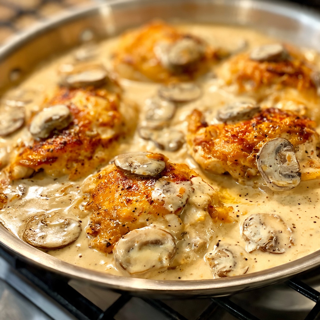 square image A close-up view of a silver pan filled with several pieces of golden brown cooked chicken covered in a thick creamy light beige sauce. The sauce has visible specks of black pepper and contains sliced round mushrooms scattered throughout. The chicken pieces are partially submerged, with some edges showing through the smooth sauce. The pan sits on a stove with a black grid underneath, and the sauce looks rich and smooth, coating the chicken and mushrooms evenly. photo taken with an iphone --ar 4:5 --v 7