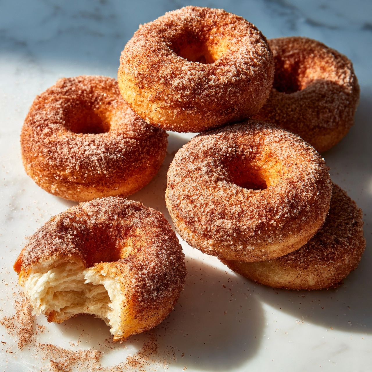 square image The image shows six cinnamon sugar donuts arranged on a white marbled surface. Each donut has a rough, golden-brown outer layer covered in granules of cinnamon sugar, creating a textured look. One donut in the bottom left has a bite taken out, revealing soft, light, and fluffy inner layers with a slightly flaky texture. The donuts have a classic ring shape with a hole in the middle, and sugar granules are scattered around them on the surface. The lighting highlights the warm tones of the cinnamon sugar crust, emphasizing its grainy texture. Photo taken with an iphone --ar 4:5 --v 7