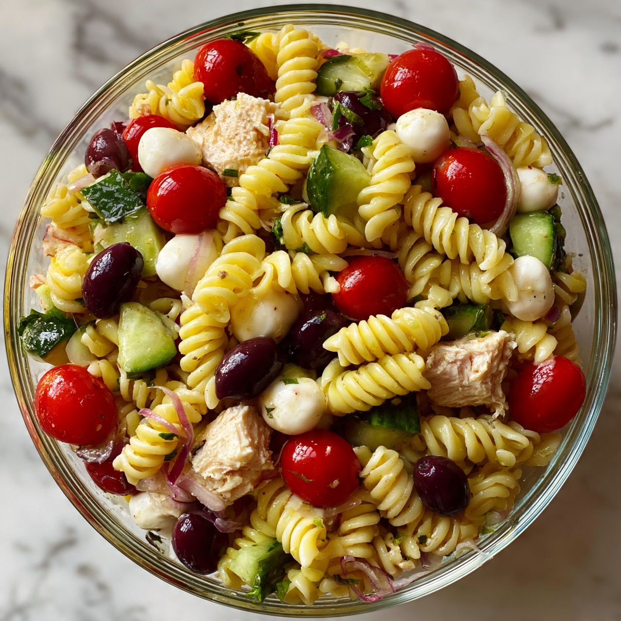square image A clear glass bowl filled with a colorful pasta salad sits on a white marbled surface. The salad has three main layers mixed together: yellow spiral pasta forming the base, scattered bright red cherry tomatoes and dark purple olives adding contrast, and fresh green cucumber chunks along with white cheese balls and pieces of light-colored cooked chicken. Thin slices of red onion and small green herbs are mixed throughout, giving extra texture and color. The salad looks fresh, vibrant, and mixed well, with a light dressing giving a slight shine to the ingredients. Photo taken with an iphone --ar 4:5 --v 7