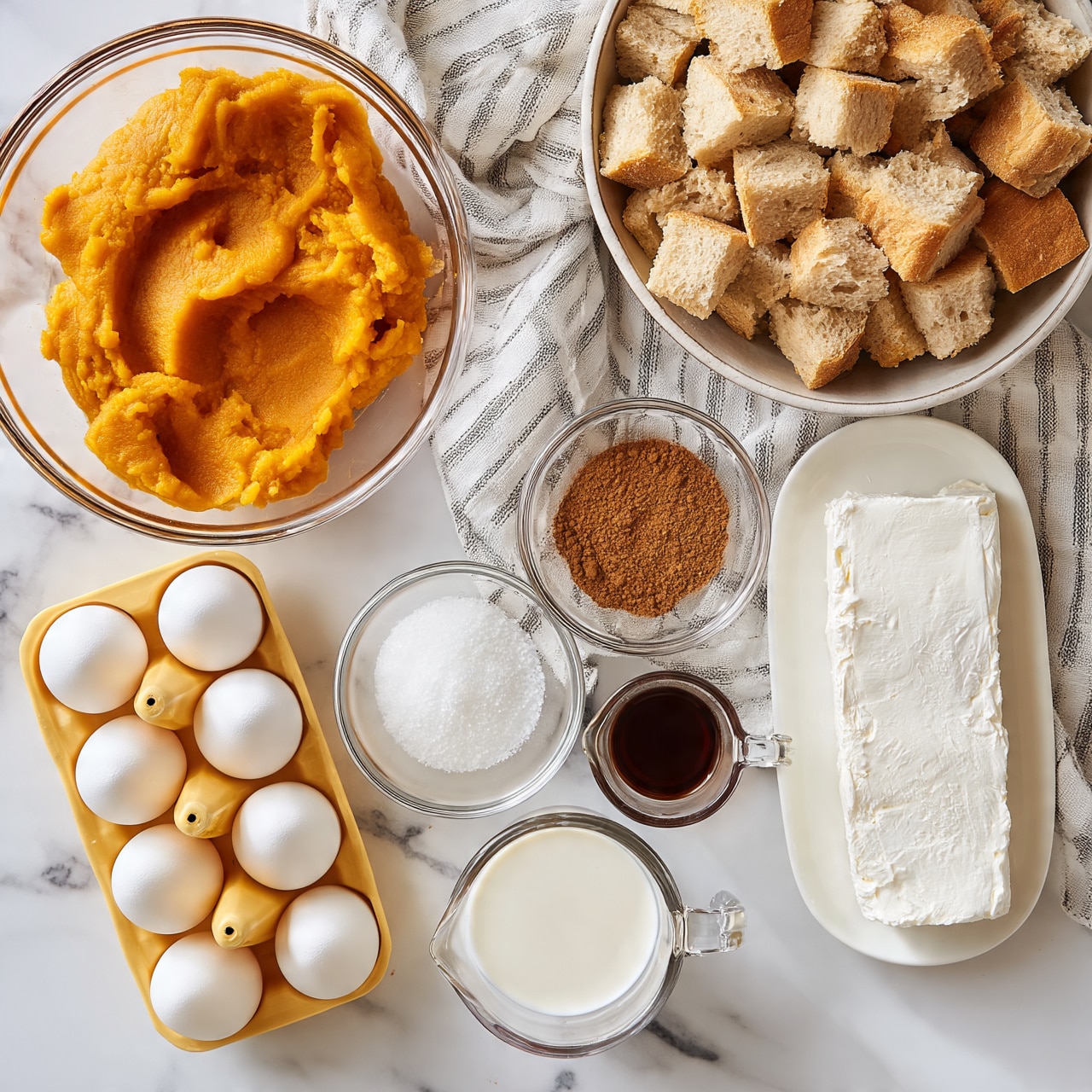 square image The image shows several small containers and bowls neatly placed on a white marbled surface with a striped cloth in the middle. On the top right, there is a large bowl filled with light brown cubes of bread. Below it, there is a block of white cream cheese on a small white plate. To the left, a clear glass bowl with bright orange pumpkin puree sits next to a yellow carton holding six white eggs, with three compartments empty. In the center are three clear bowls and two measuring cups: one with white granulated sugar, one with a small amount of ground cinnamon, another with dark brown vanilla extract, and two measuring cups filled with white milk and cream. The colors range from orange, white, and brown to creamy, all arranged calmly on the surface. Photo taken with an iphone --ar 4:5 --v 7