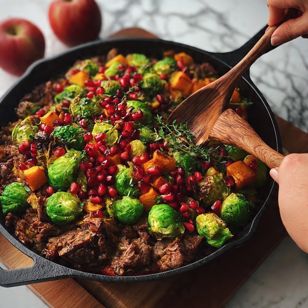 square image A black skillet filled with a colorful dish that has several layers. The bottom layer shows pieces of cooked roasted meat with a brown and slightly crispy texture. On top of the meat, there are bright green roasted Brussels sprouts and chunks of orange sweet potato or butternut squash. Sprinkled around are red pomegranate seeds adding a vibrant contrast. Small sprigs of fresh green herbs, likely thyme, are scattered over the dish. The skillet is placed on a wooden surface, and the background is white marble texture with two red apples near the skillet. A woman's hand holding a wooden spoon is dipping into the dish. photo taken with an iphone --ar 4:5 --v 7