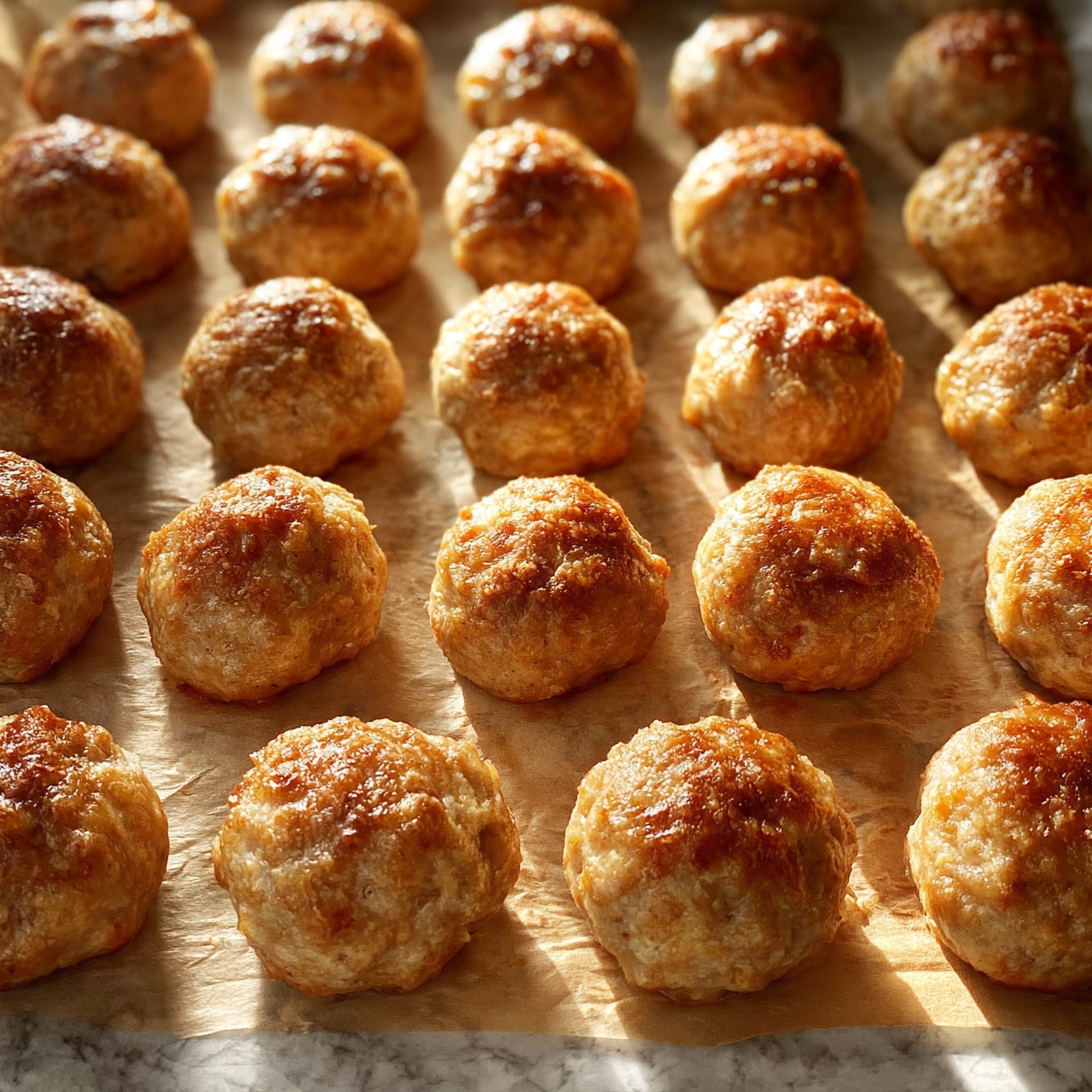 square image The image shows multiple round meatballs arranged in neat rows on brown baking paper, filling the entire frame. Each meatball is a light brown color with a slightly rough texture, giving them a homemade look. The light source highlights the surface, showing a slight shine and some uneven crispness on the top and sides. The background consists of white marbled texture underneath the paper, adding a clean contrast to the warm color of the meatballs. Photo taken with an iphone --ar 4:5 --v 7