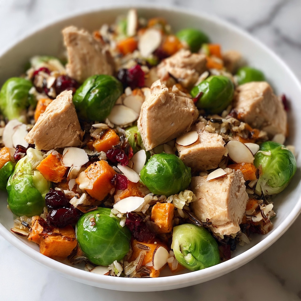 square image This close-up image shows a colorful dish in a white plate on a white marbled surface. The dish has multiple layers including large chunks of light brown cooked chicken scattered evenly. There are bright green brussels sprouts cut in halves spread throughout. Orange cubes of cooked sweet potato add a warm tone mixed with small pieces of dark red dried cranberries. Thin white almond slices and small grains of wild rice fill the empty spaces, creating texture and visual interest. The mix of colors and textures makes the dish look fresh and hearty. Photo taken with an iphone --ar 4:5 --v 7