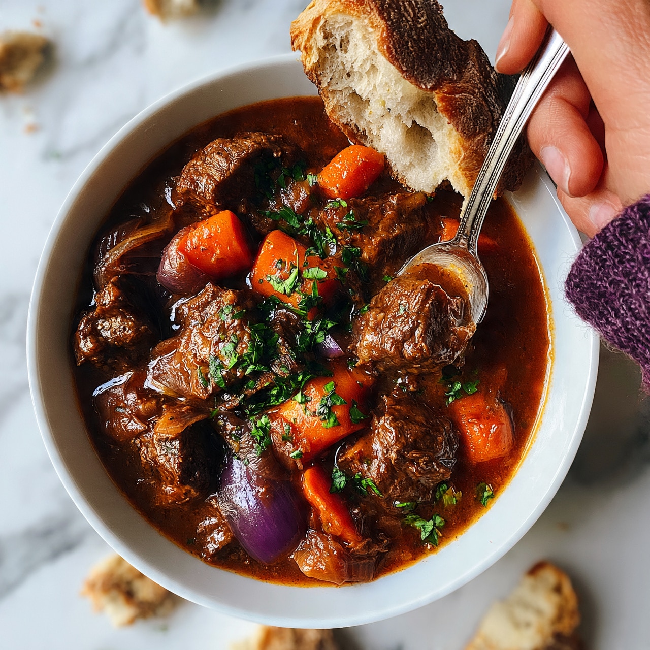 square image A white bowl filled with a rich beef stew featuring chunks of tender brown beef, bright orange carrots, and soft purple onions in a thick, reddish-brown broth, garnished with green chopped herbs on top. The stew is accompanied by a piece of rustic bread resting on the edge of the bowl. The scene is set on a white marbled texture with pieces of bread scattered around. A woman's hand holds a silver spoon dipping into the stew photo taken with an iphone --ar 4:5 --v 7