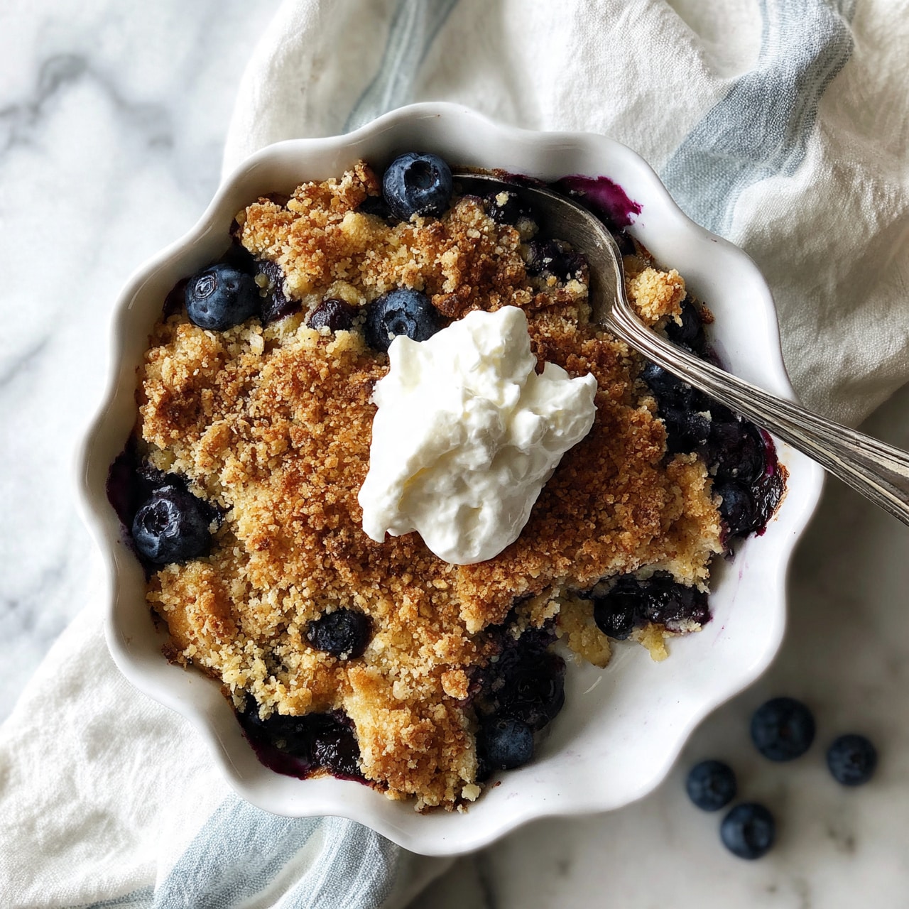 square image The image shows a white scalloped bowl filled with a warm blueberry cobbler. The top layer is golden brown with a crumbly texture, covered by scattered deep blue blueberries peeking through. In the center, there is a dollop of white whipped cream sitting on top of the cobbler. A silver spoon is placed inside the bowl, and the bowl is on a white marbled surface with a soft striped cloth underneath. A few loose blueberries lie beside the bowl. Photo taken with an iphone --ar 4:5 --v 7